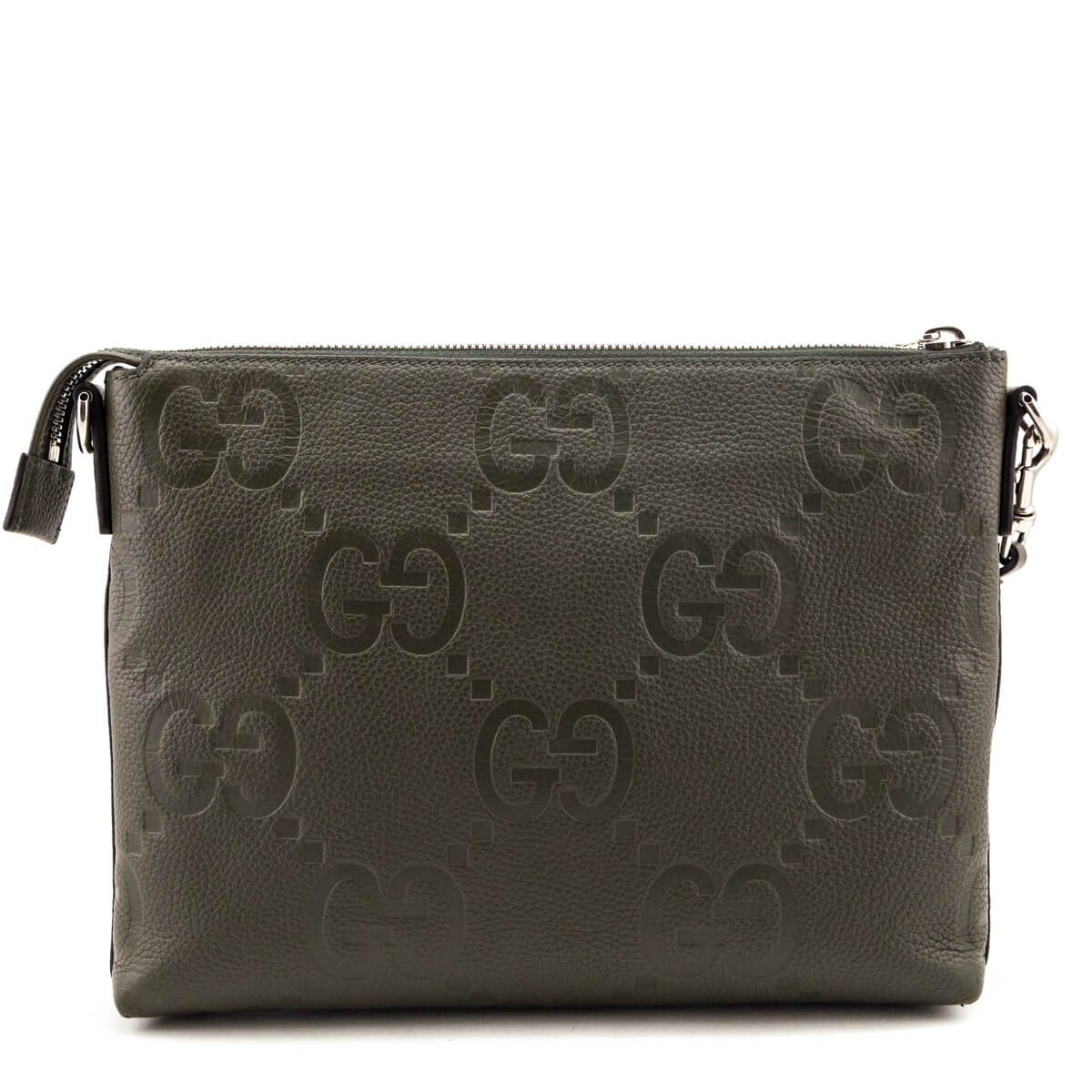 Gucci Dark Green Piuma Calfskin Jumbo GG Embossed Medium Wristlet Messenger Bag