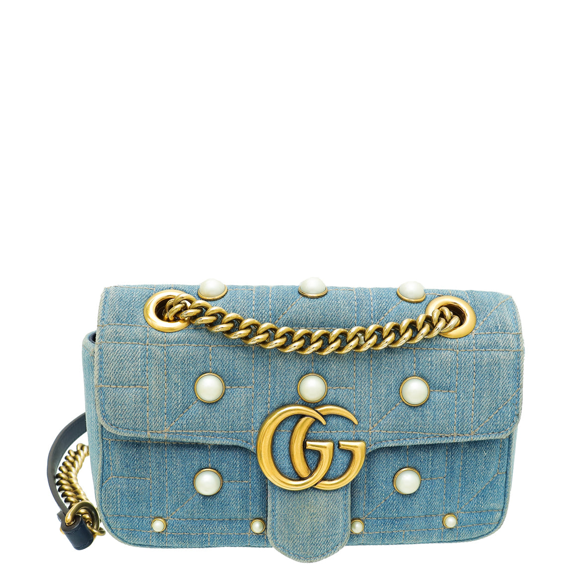 Gucci Blue Aged Studded Pearl Denim GG Marmont Mini Bag