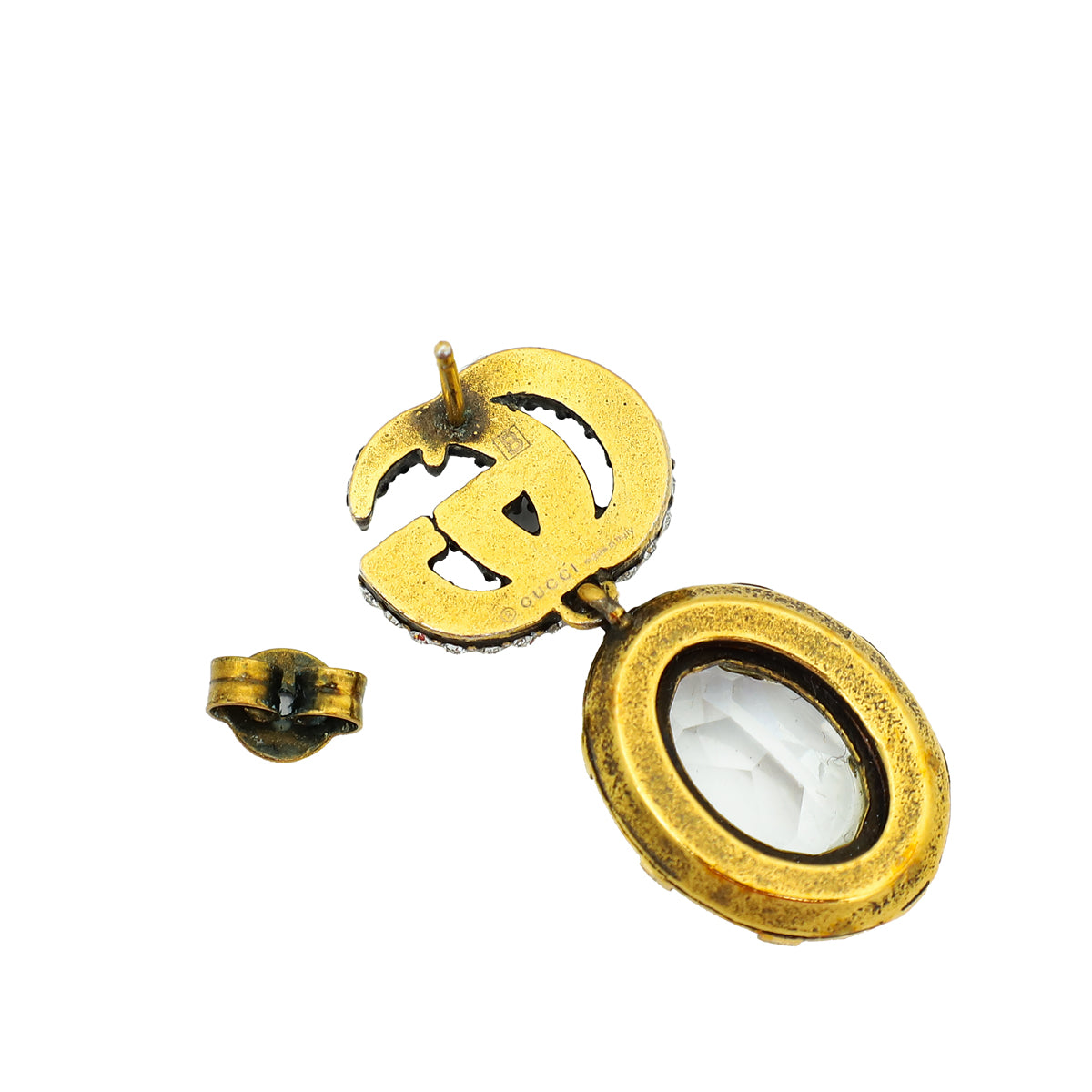 Gucci Aged Gold Double G Crystal Drop Stud Earrings