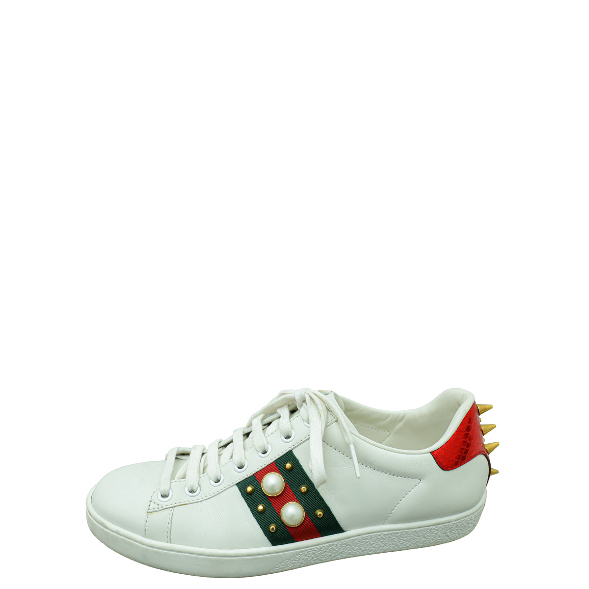 Gucci White Ace Web Pearl Studs Sneaker 38