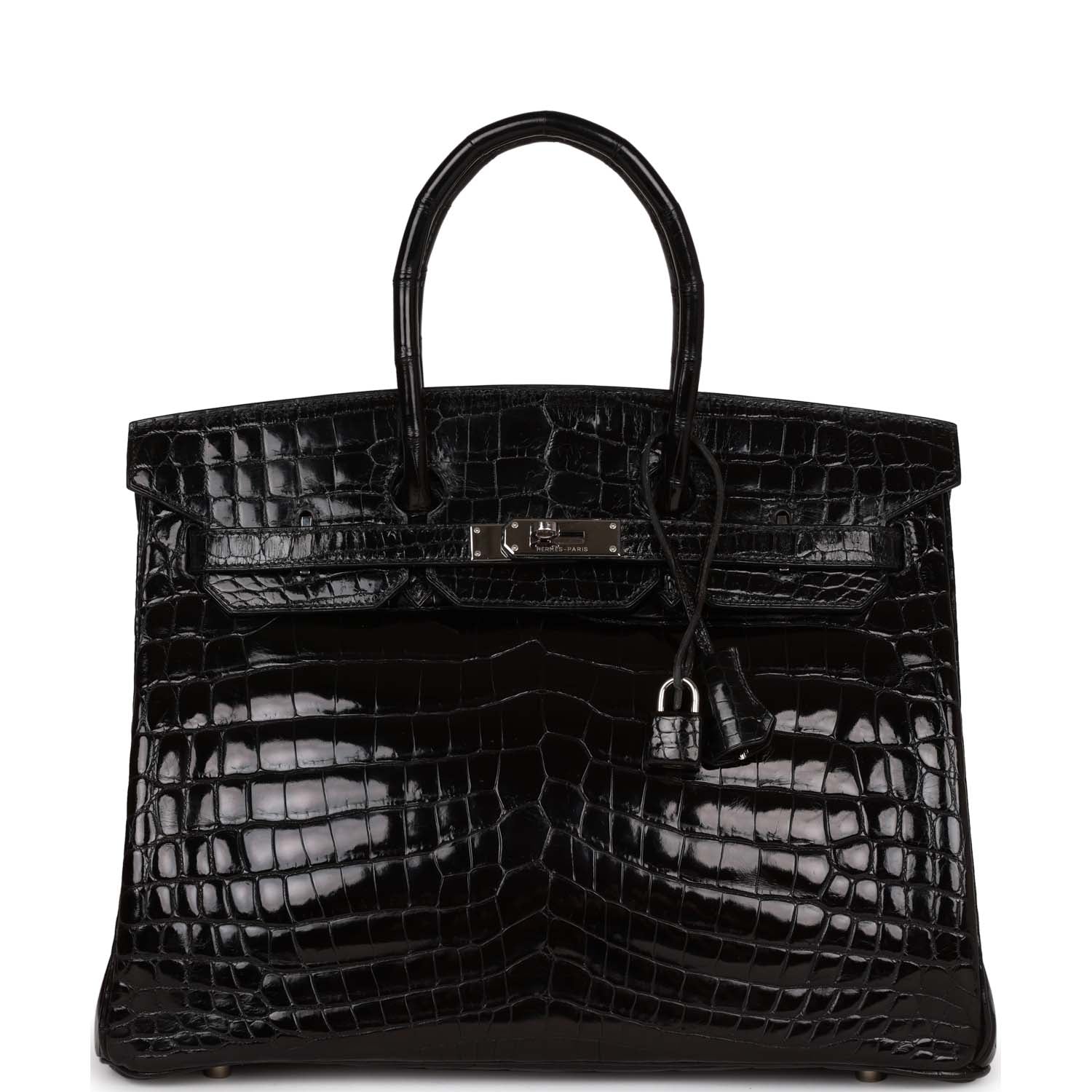 Hermes Birkin Shiny Porosus Crocodile Palladium Hardware Handbag Black Travel Bag