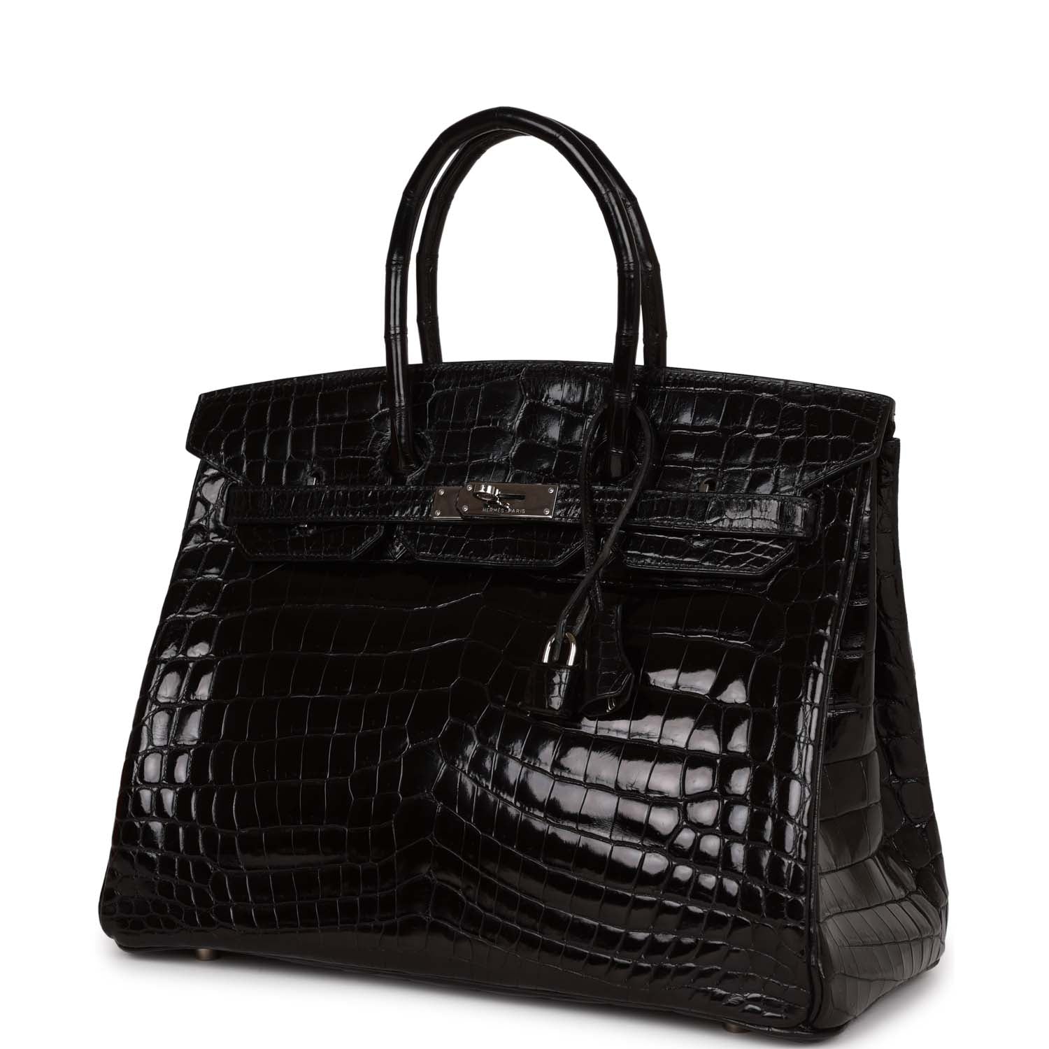 Hermes Birkin Shiny Porosus Crocodile Palladium Hardware Handbag Black Travel Bag