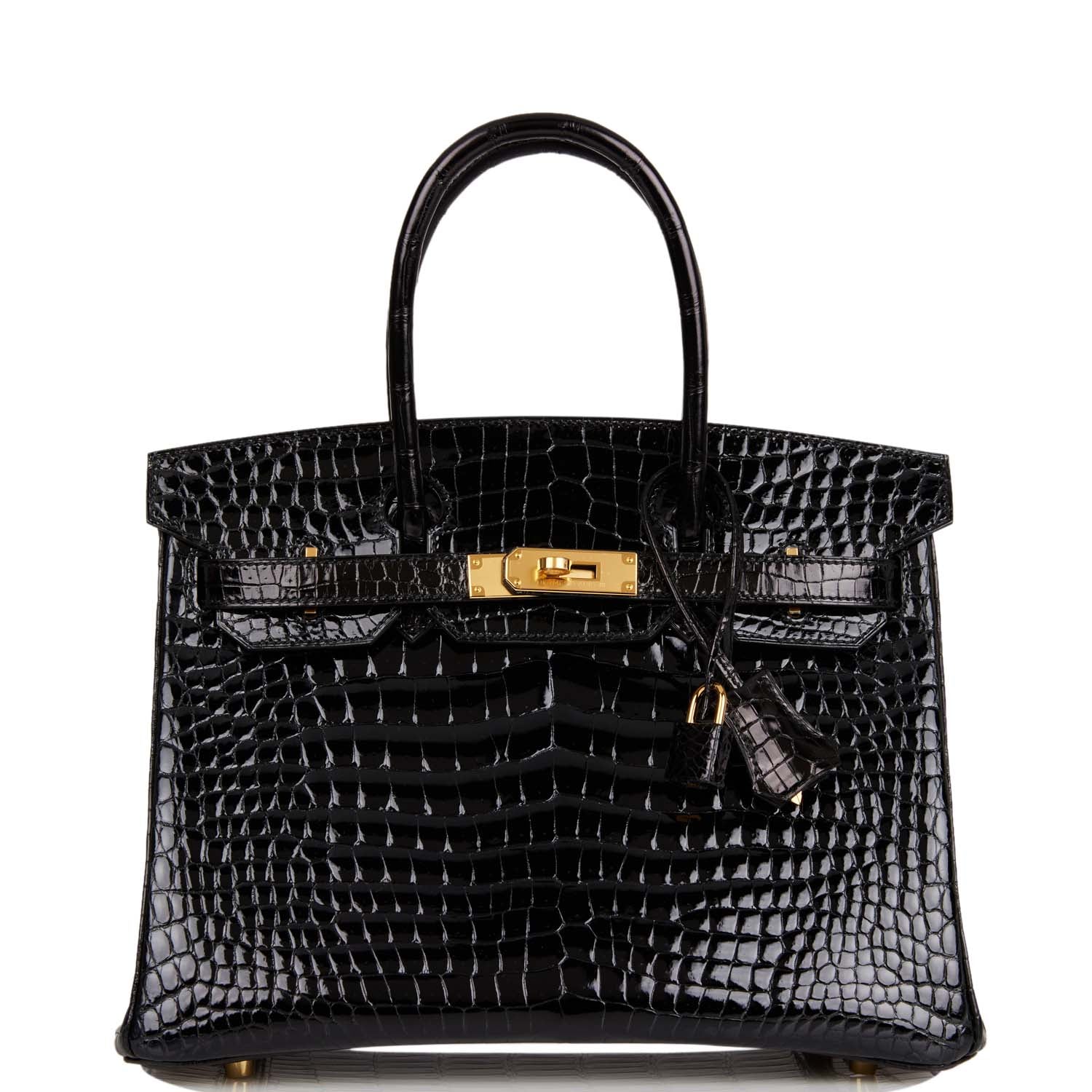 Hermes Birkin Shiny Porosus Crocodile Hardware Handbag Black Gold Travel Bag 3
