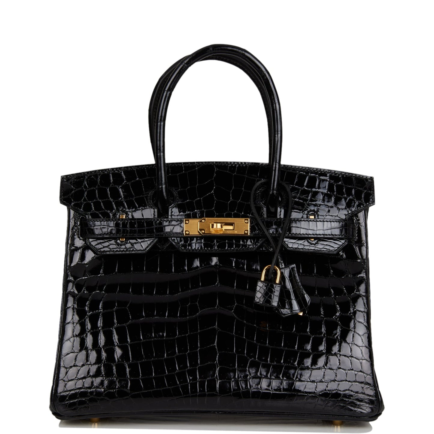 Hermes Birkin Shiny Niloticus Crocodile Hardware Handbag Black Gold Travel Bag Gold Hardware