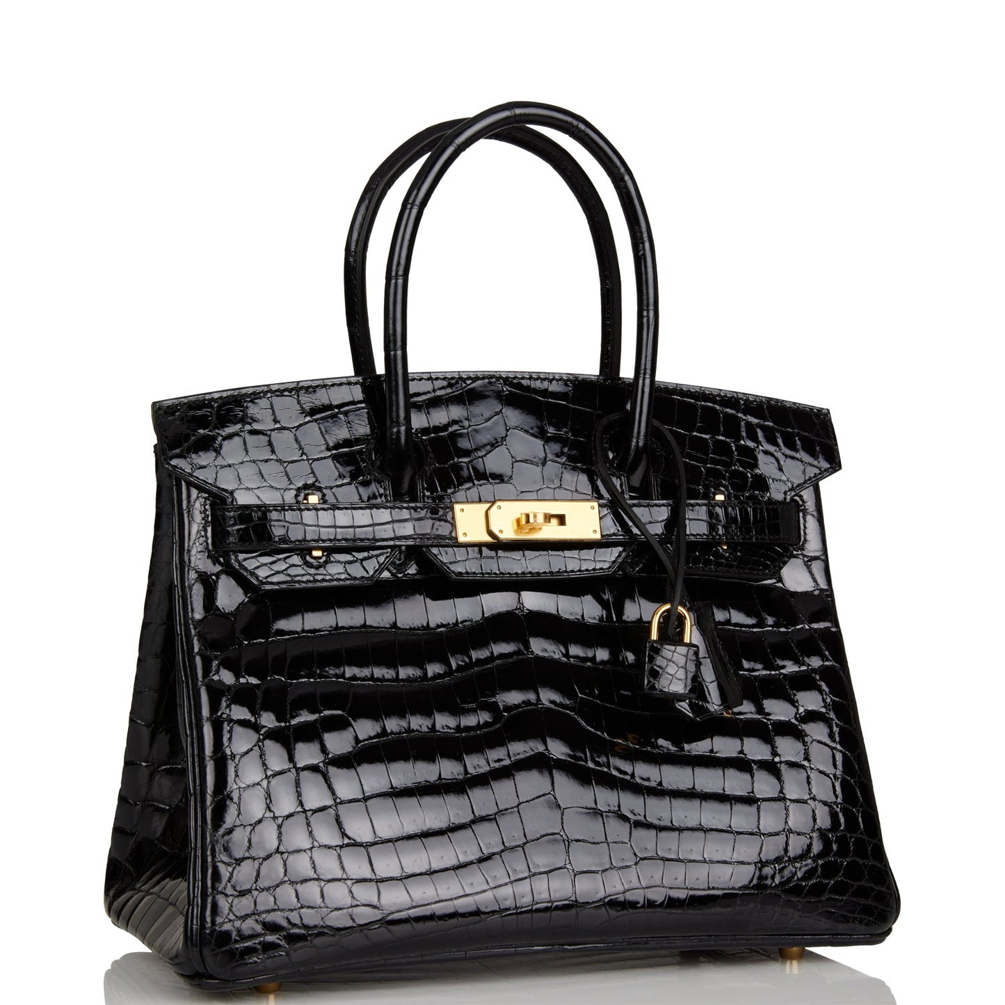 Hermes Birkin Shiny Niloticus Crocodile Hardware Handbag Black Gold Travel Bag Gold Hardware