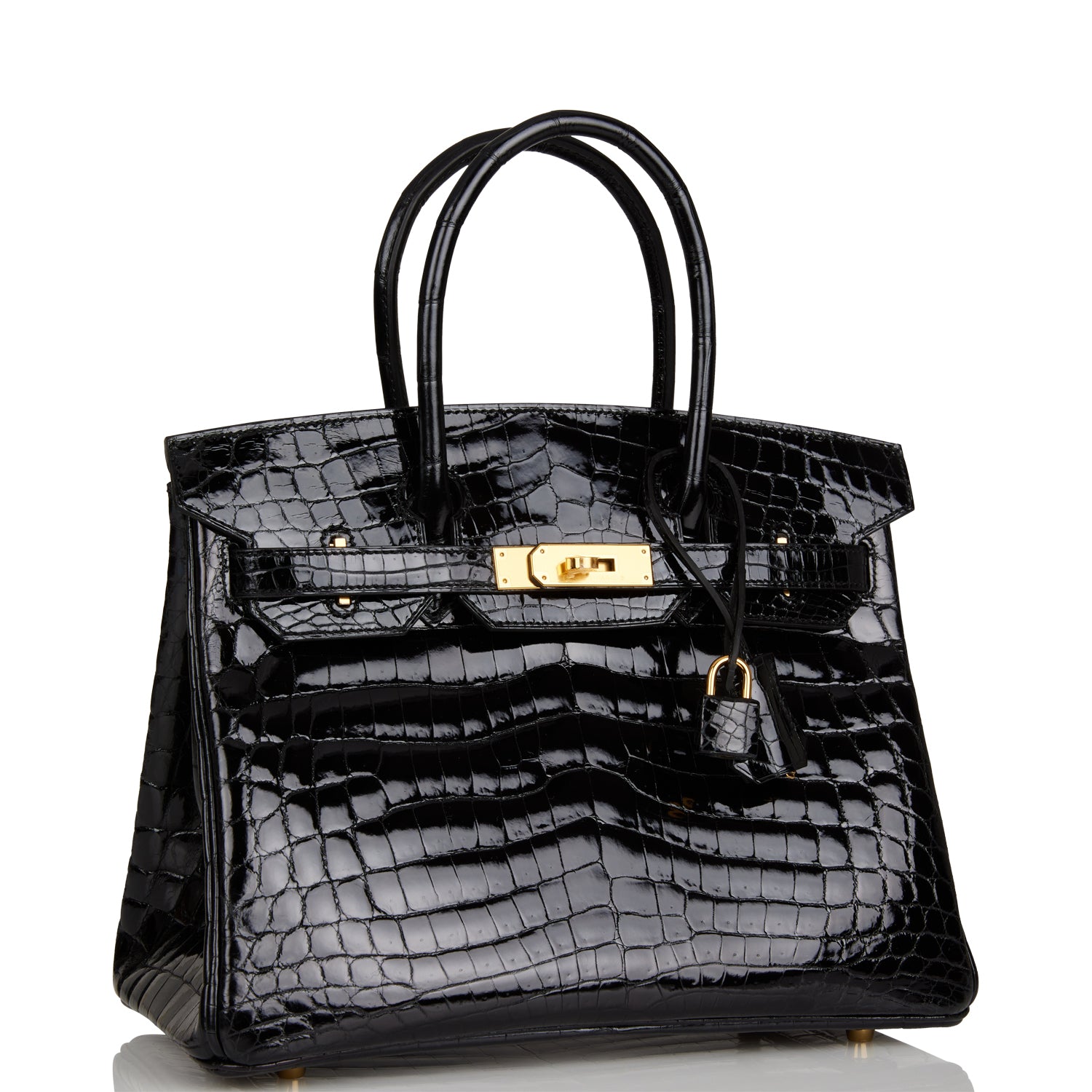 Hermes Birkin Shiny Niloticus Crocodile Hardware Handbag Black Gold Travel Bag Gold Hardware