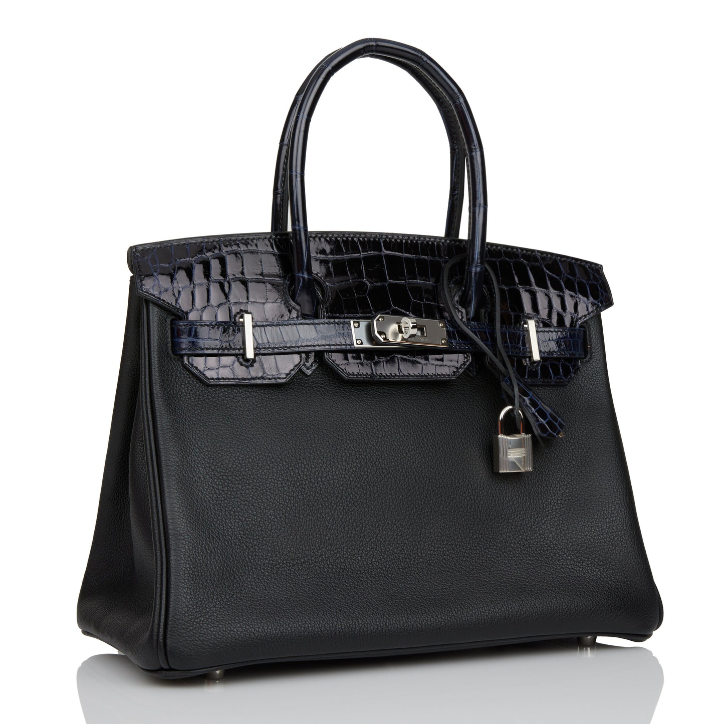Hermes Birkin Bleu Marine Shiny Niloticus Crocodile And Black Travel Bag