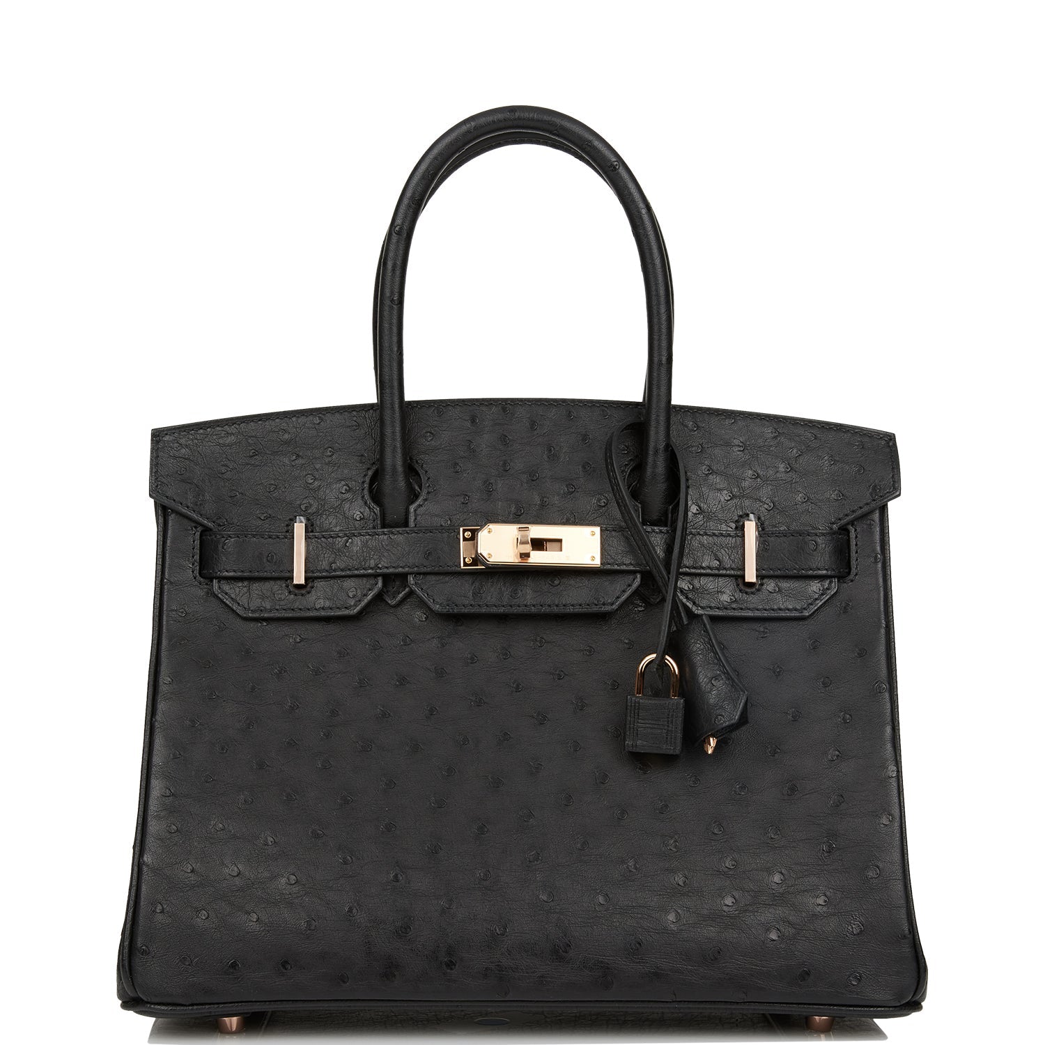 Hermes Birkin Ostrich Rose Hardware Handbag Black Gold Travel Bag Gold Hardware