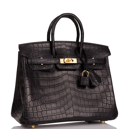 Hermes Birkin Matte Niloticus Crocodile Hardware Handbag Black Gold Travel Bag