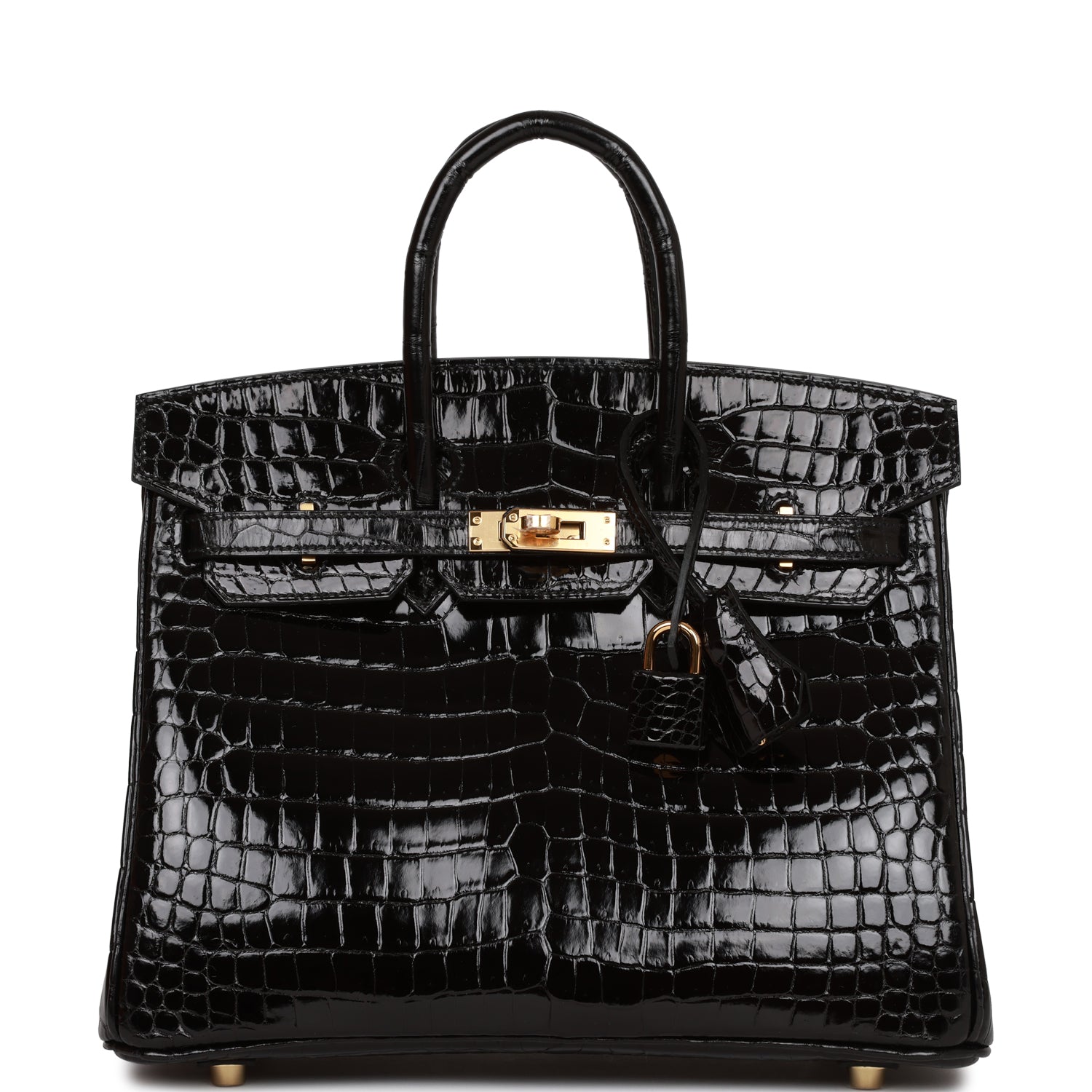 Hermes Birkin Shiny Porosus Crocodile Hardware Handbag Black Gold Travel Bag 4
