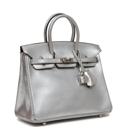 Hermes Birkin Metallic Chevre Palladium Hardware Handbag Silver Travel Bag
