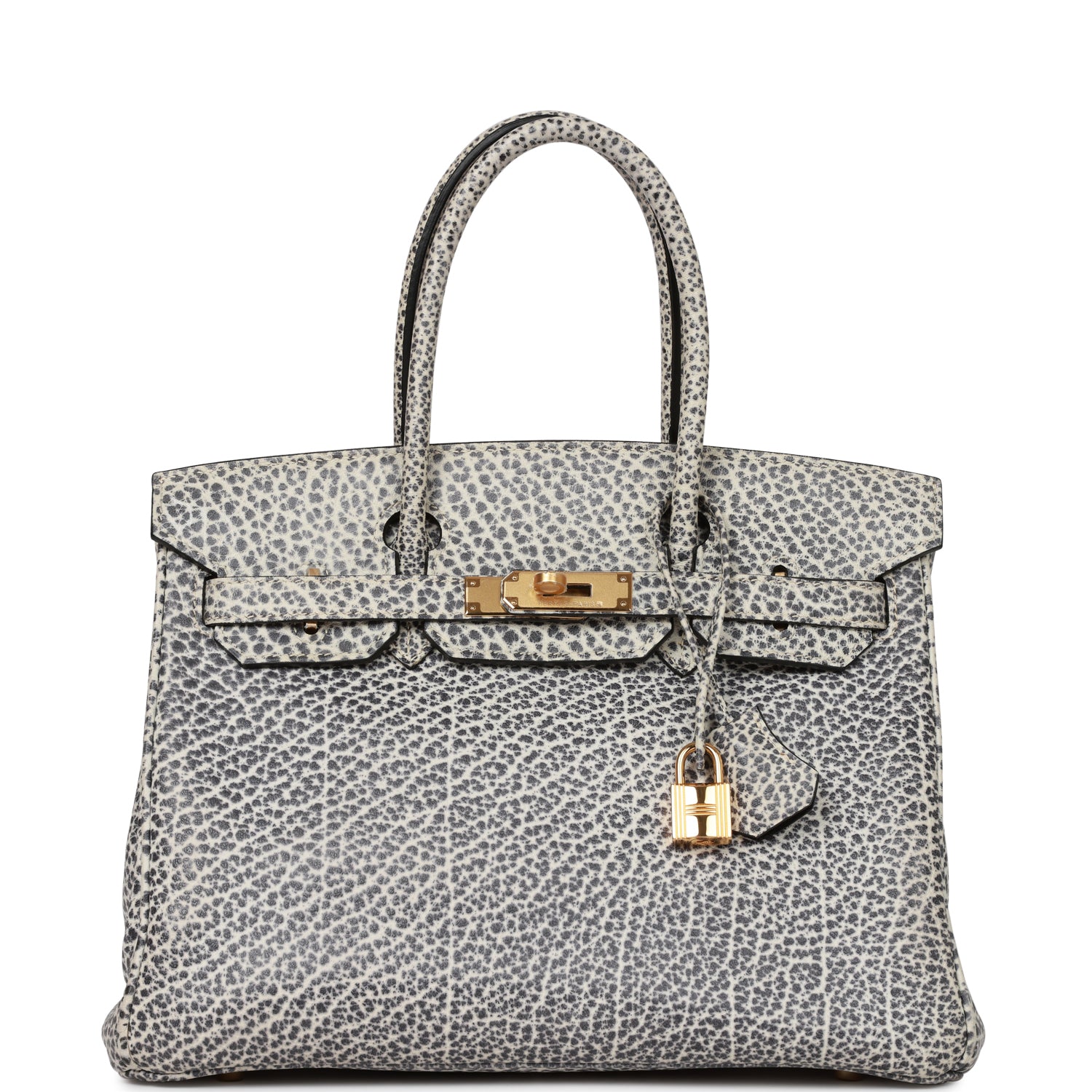 Hermes Luxury Birkin Dalmatian Buffalo Hardware Handbag White Gold Travel Bag