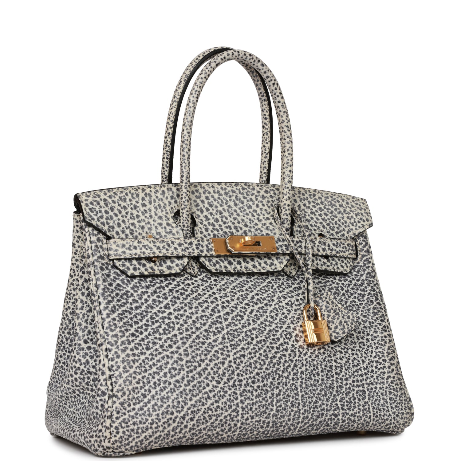 Hermes Luxury Birkin Dalmatian Buffalo Hardware Handbag White Gold Travel Bag