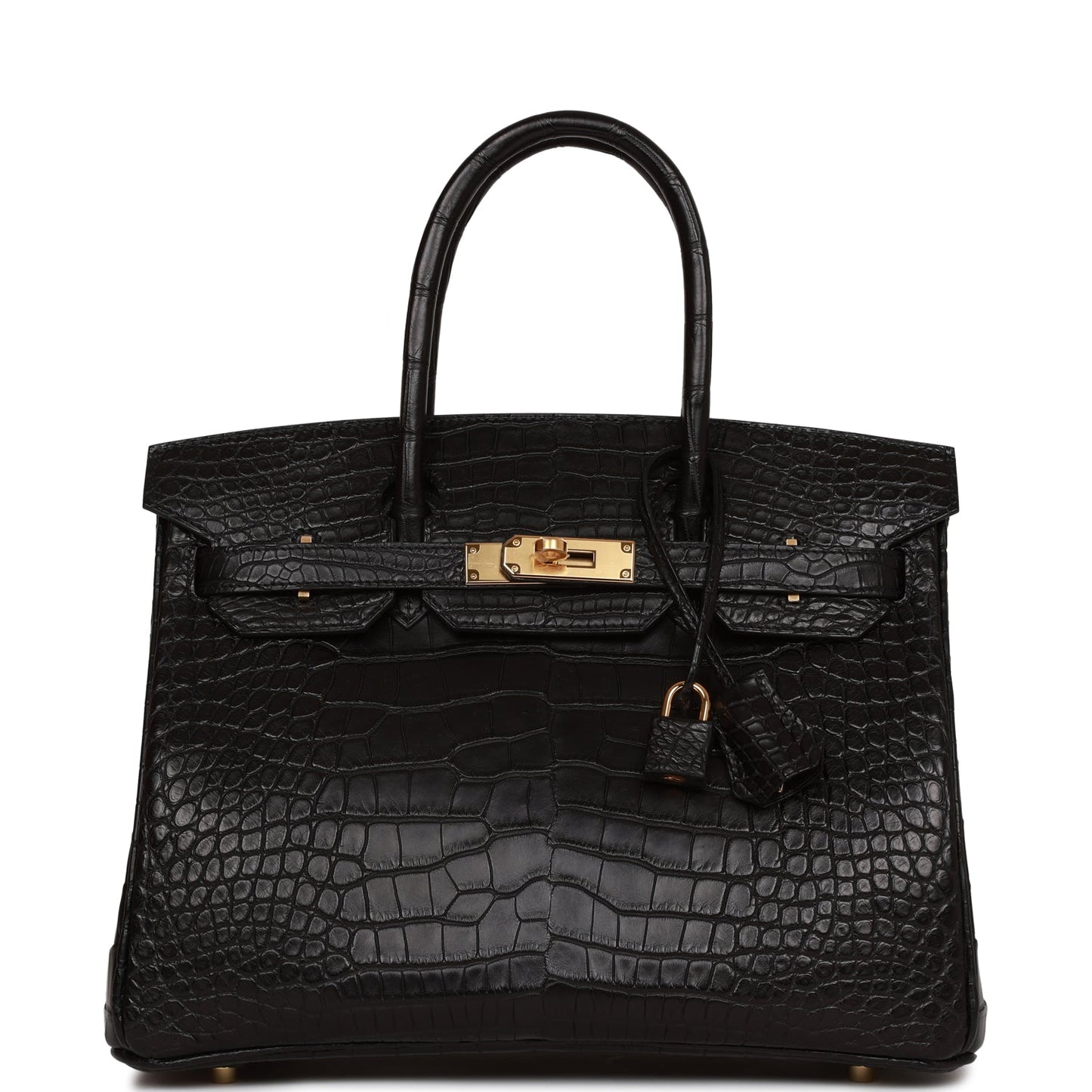 Hermes Birkin Matte Alligator Hardware Handbag Black Gold Travel Bag