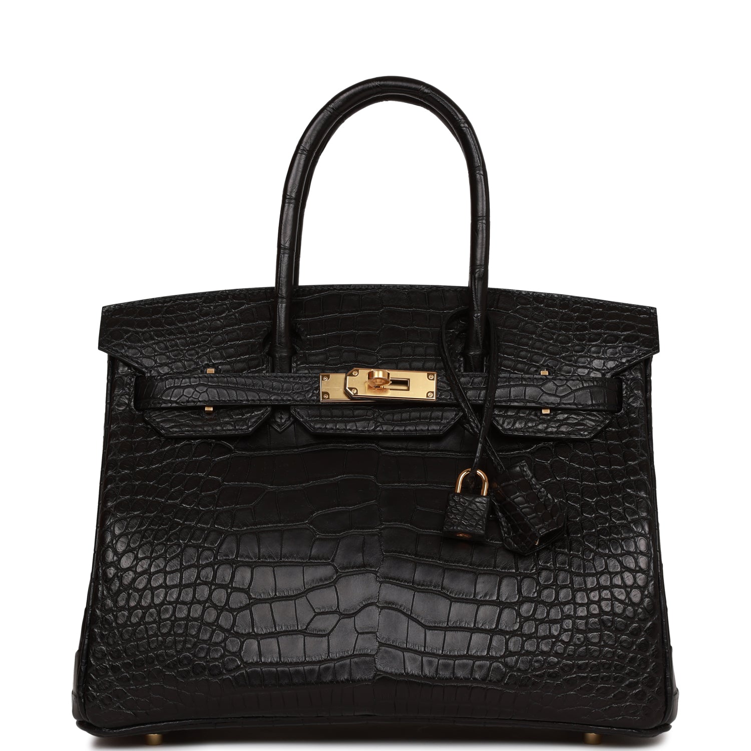 Hermes Birkin Matte Alligator Hardware Handbag Black Gold Travel Bag