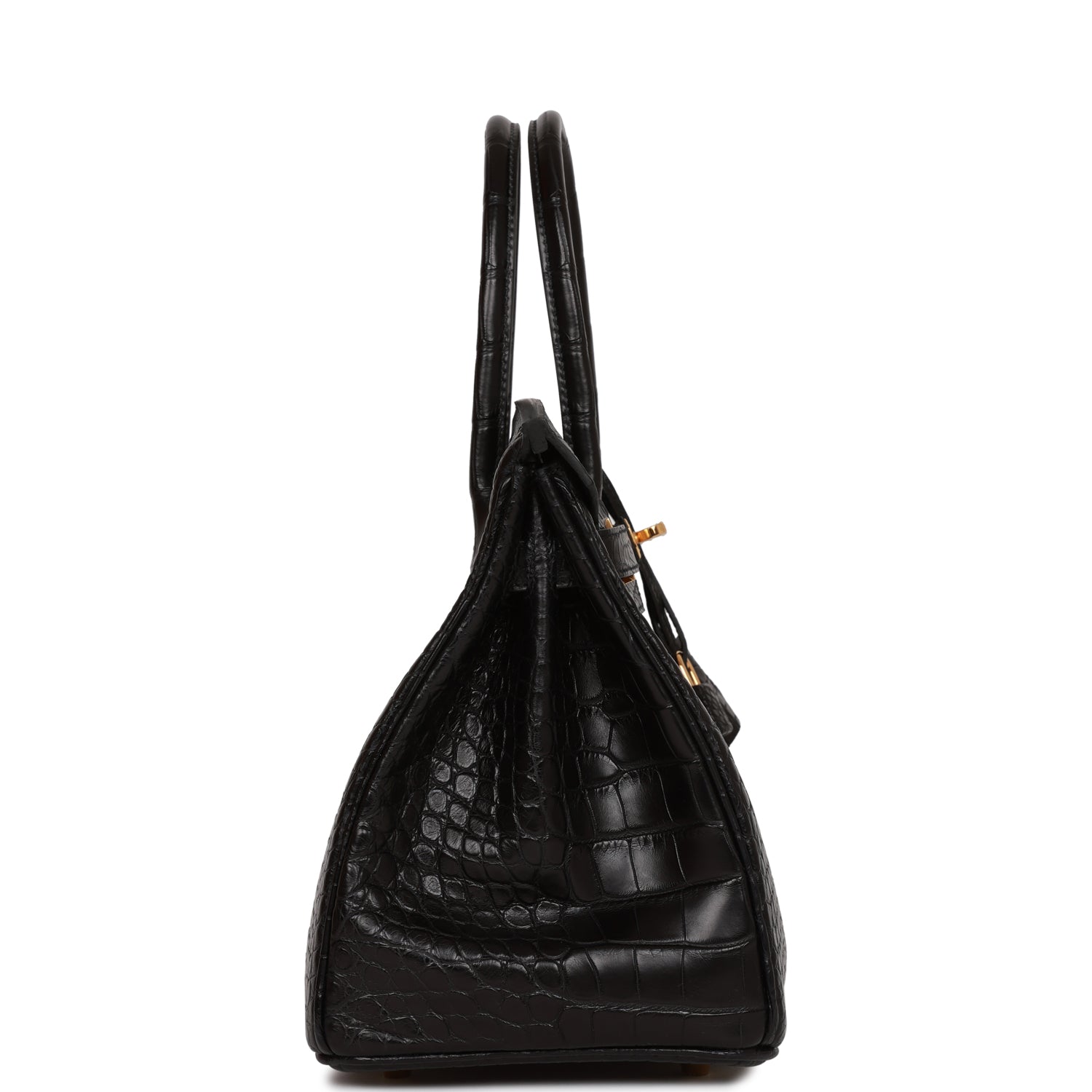 Hermes Birkin Matte Alligator Hardware Handbag Black Gold Travel Bag