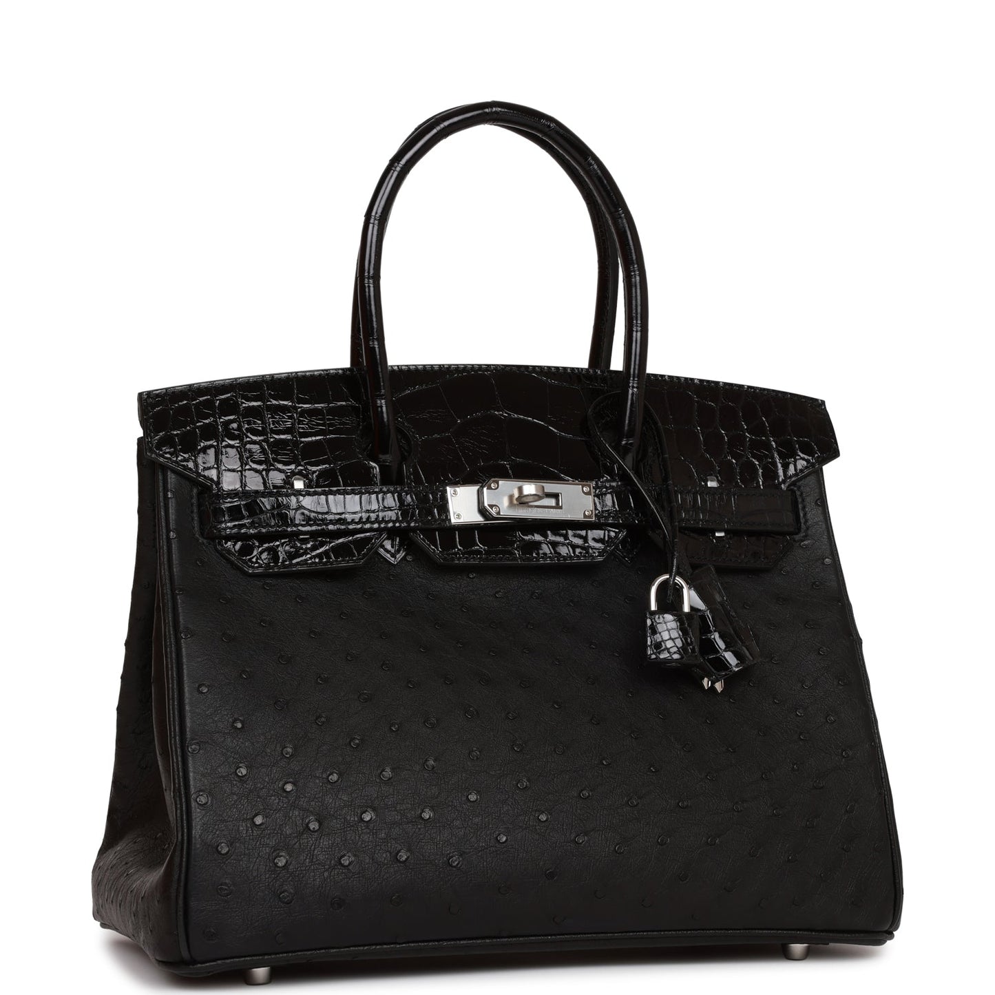 Hermes Birkin Shiny Alligator And Ostrich Touch Palladium Black Travel Bag