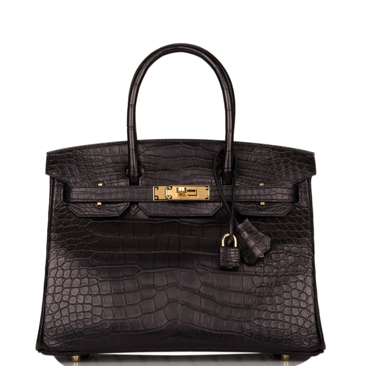 Hermes Birkin Matte Alligator Hardware Handbag Black Gold Travel Bag Gold Hardware