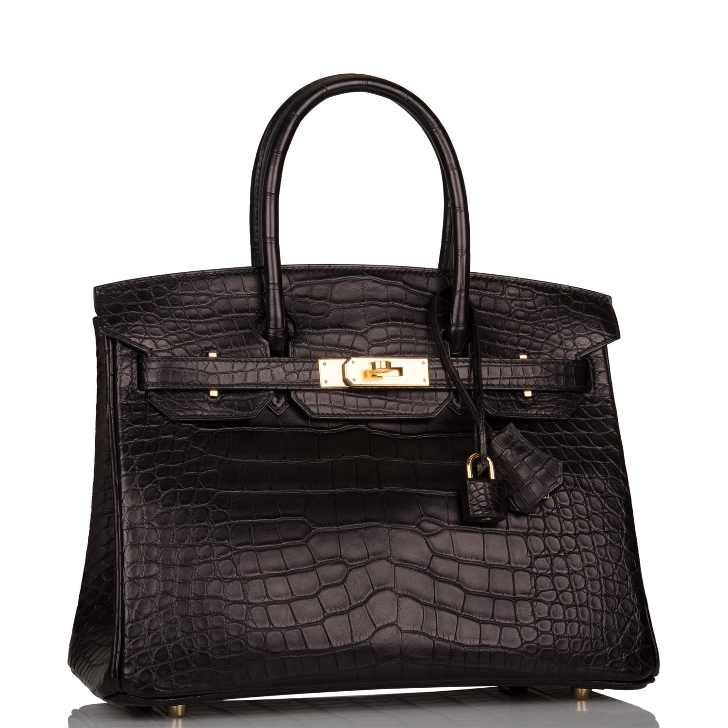Hermes Birkin Matte Alligator Hardware Handbag Black Gold Travel Bag Gold Hardware