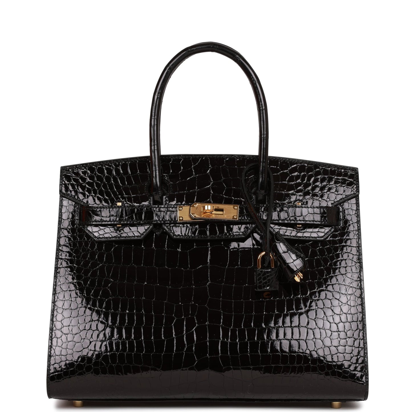 Hermes Birkin Sellier Shiny Porosus Crocodile Hardware Handbag Black Gold Travel Bag