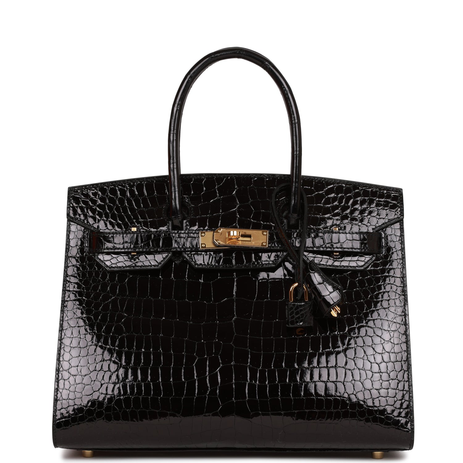 Hermes Birkin Sellier Shiny Porosus Crocodile Hardware Handbag Black Gold Travel Bag