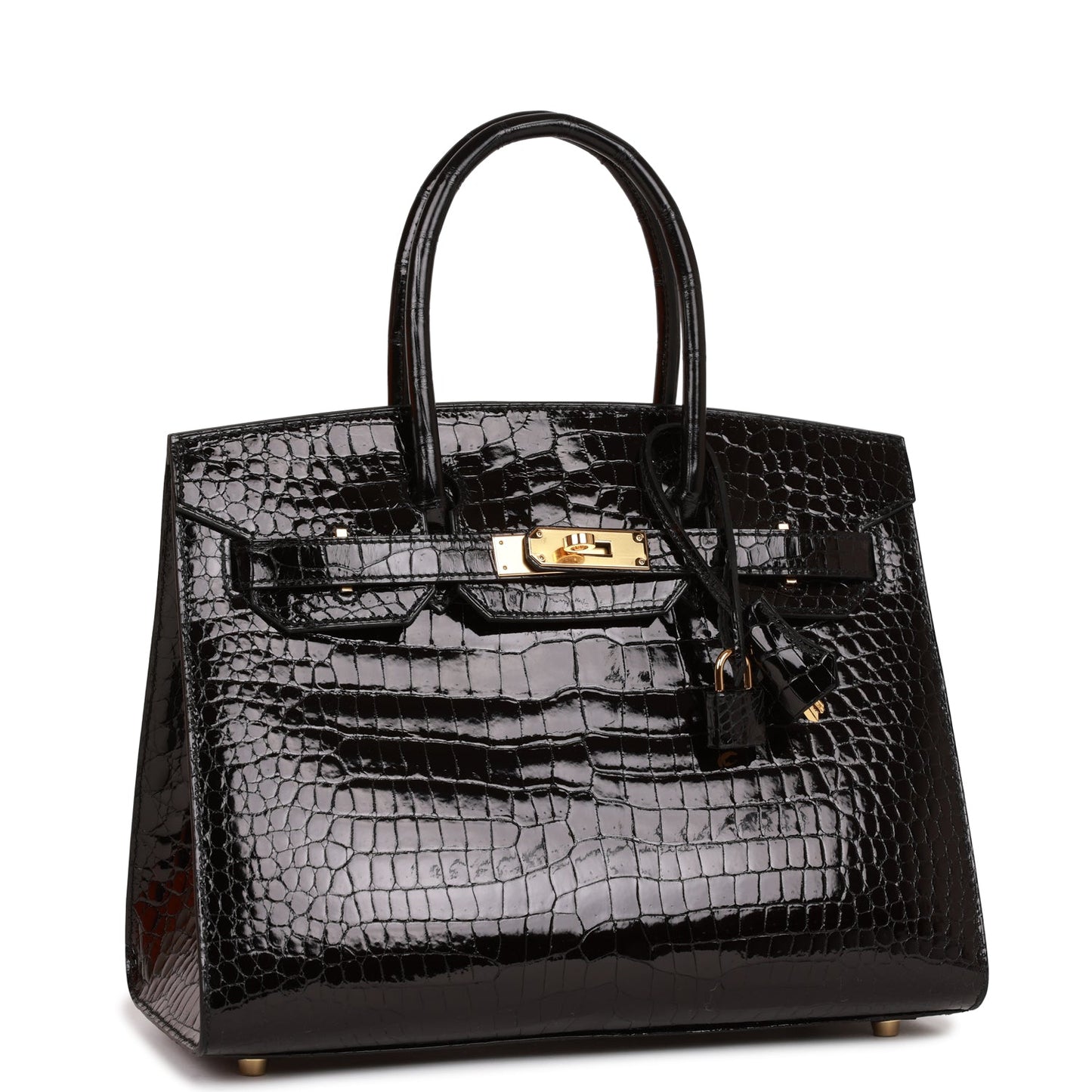 Hermes Birkin Sellier Shiny Porosus Crocodile Hardware Handbag Black Gold Travel Bag