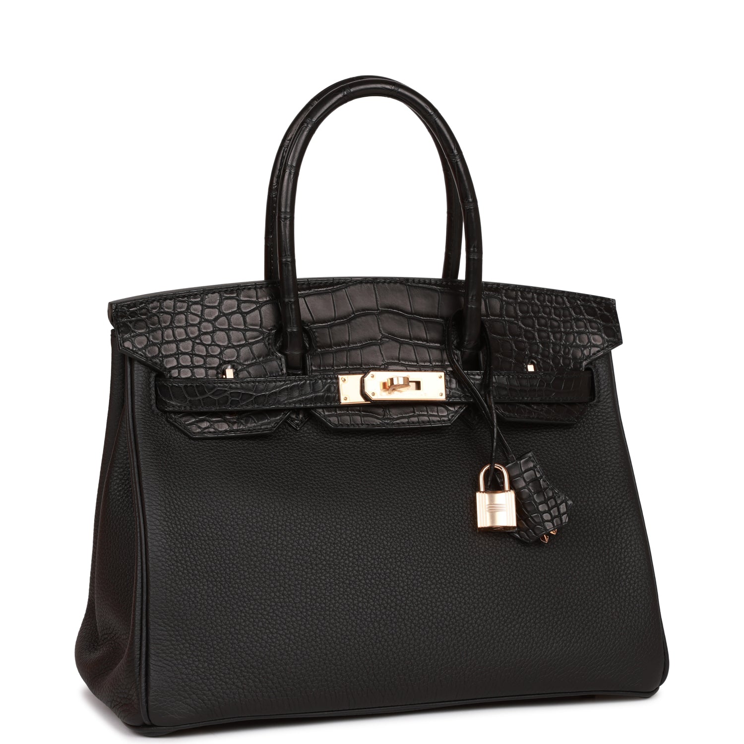 Hermes Birkin Matte Alligator And Togo Touch Rose Black Gold Travel Bag