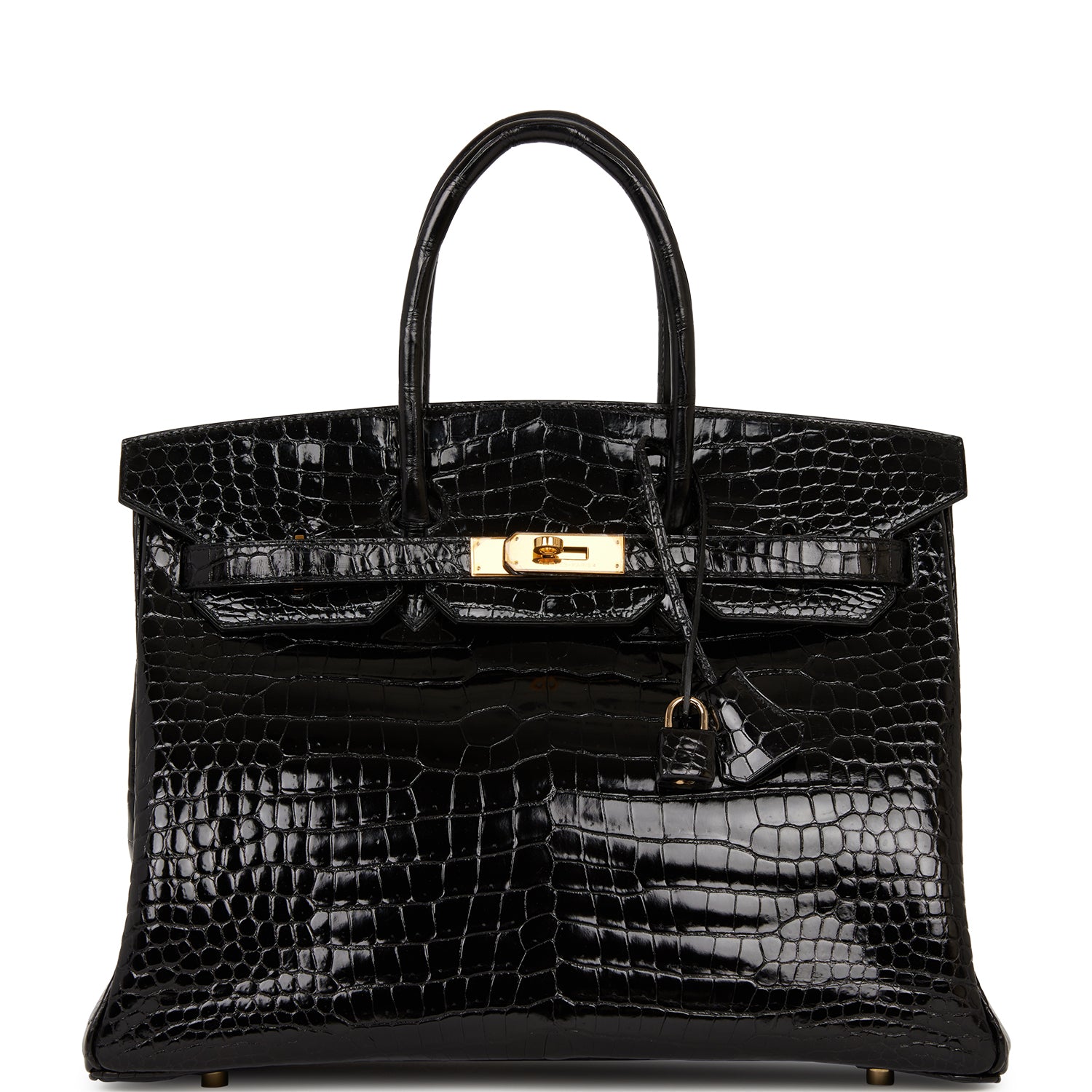 Hermes Birkin Shiny Porosus Crocodile Hardware Handbag Black Gold Travel Bag Gold Hardware