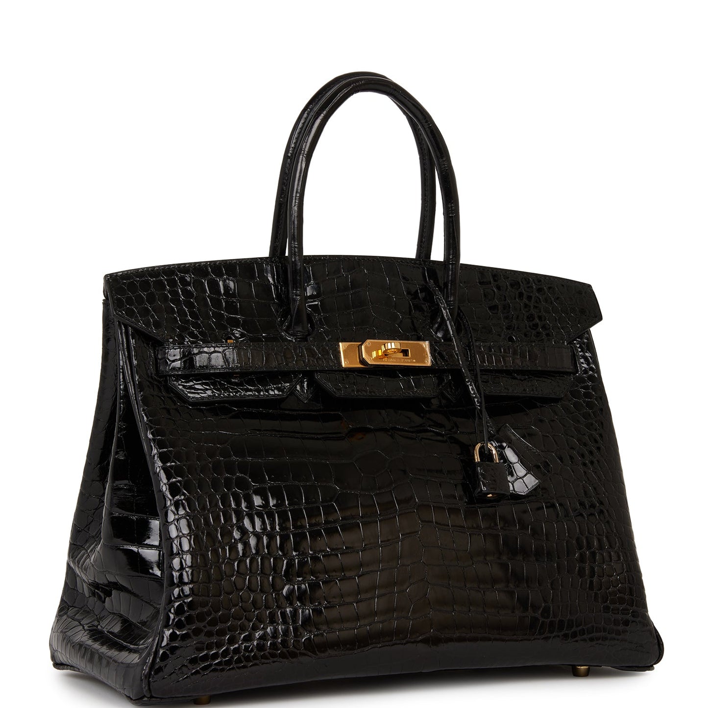 Hermes Birkin Shiny Porosus Crocodile Hardware Handbag Black Gold Travel Bag Gold Hardware