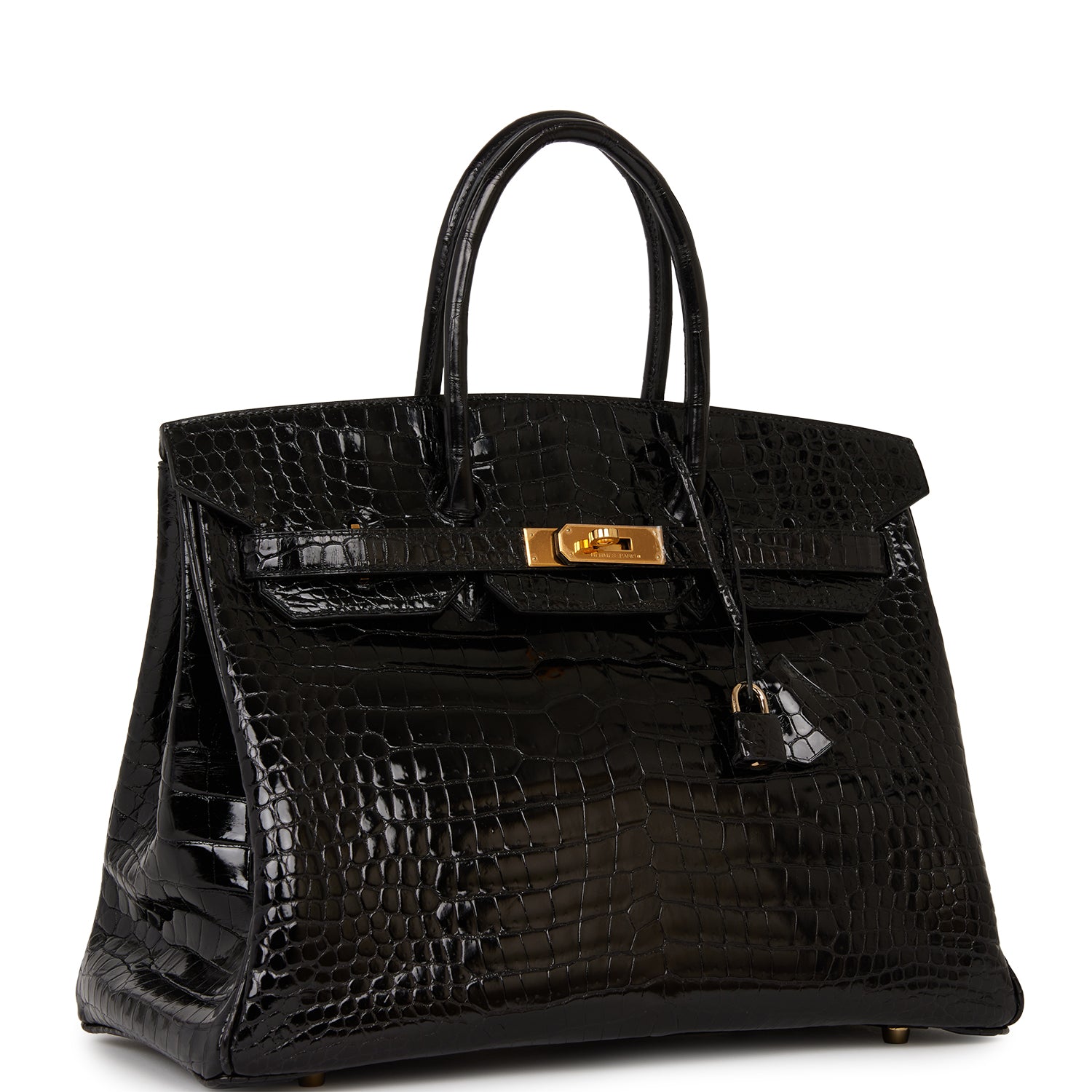 Hermes Birkin Shiny Porosus Crocodile Hardware Handbag Black Gold Travel Bag Gold Hardware