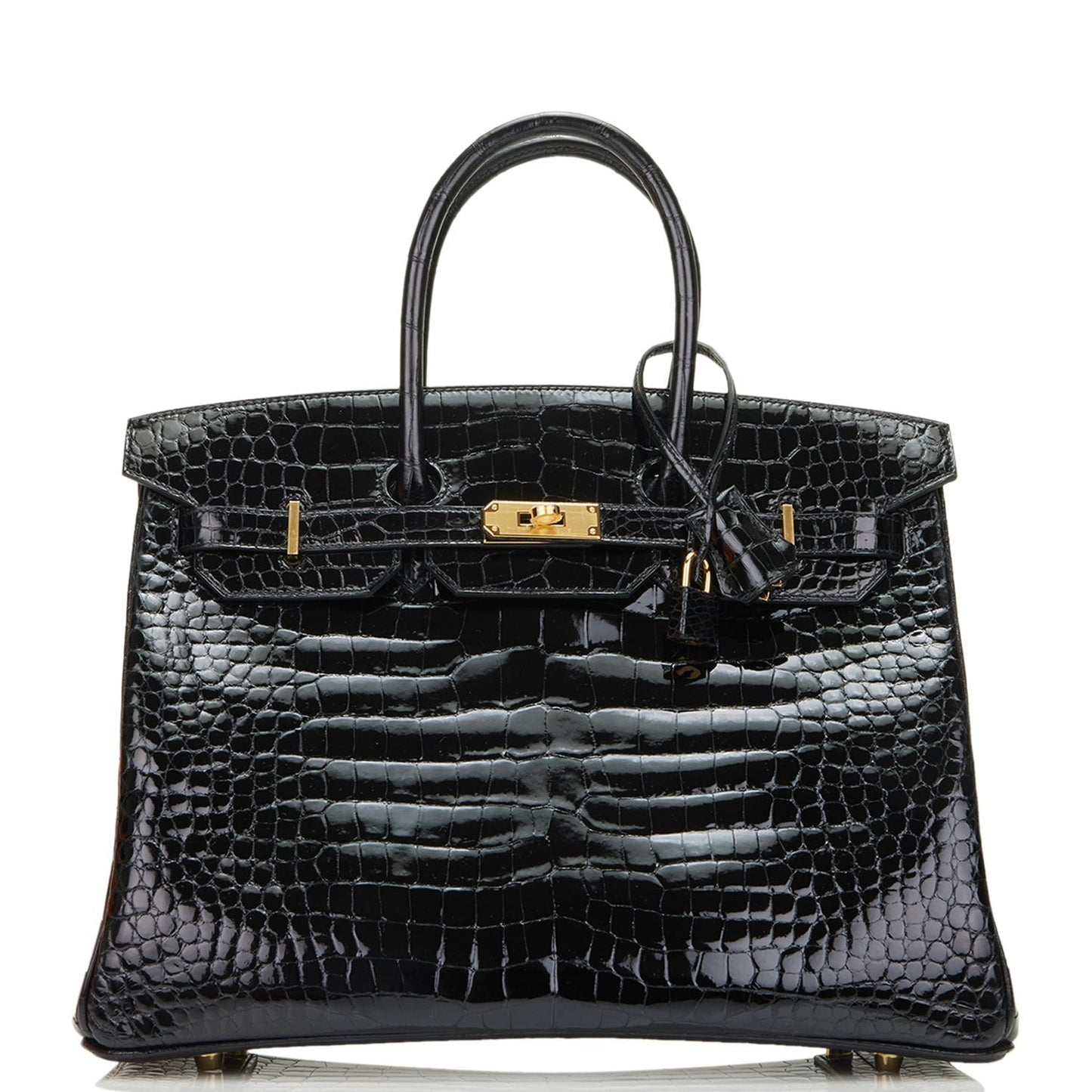 Hermes Birkin Shiny Porosus Crocodile Hardware Handbag Black Gold Travel Bag