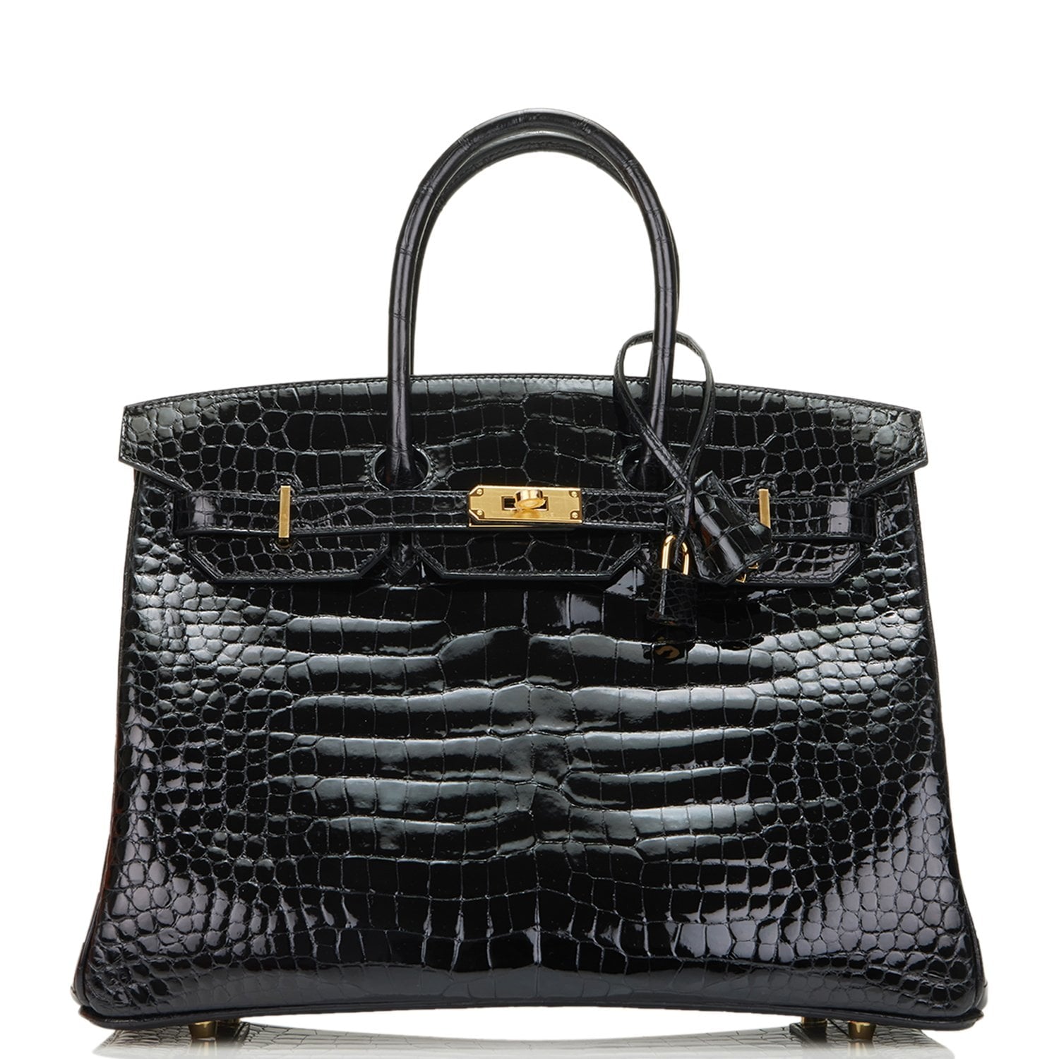 Hermes Birkin Shiny Porosus Crocodile Hardware Handbag Black Gold Travel Bag