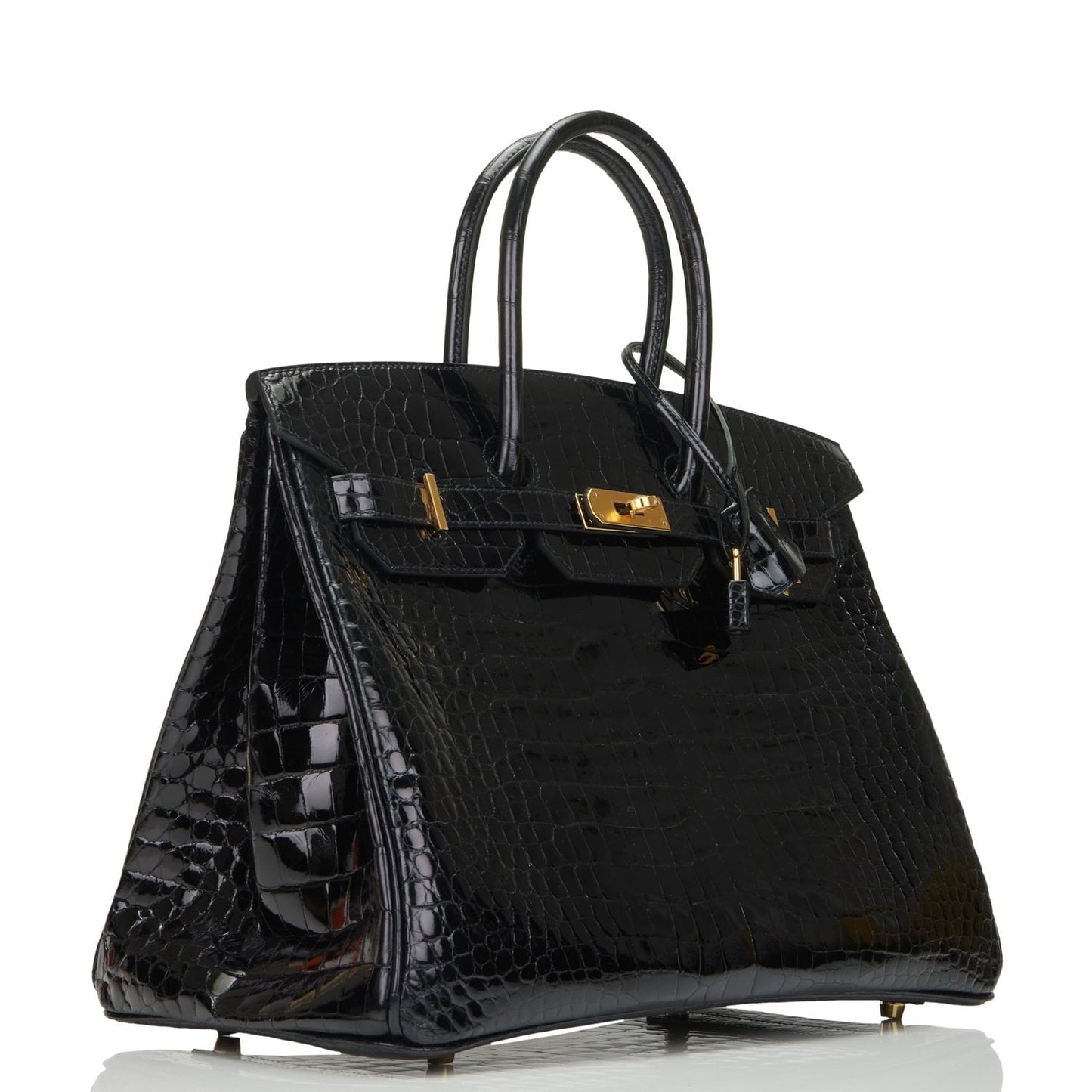 Hermes Birkin Shiny Porosus Crocodile Hardware Handbag Black Gold Travel Bag