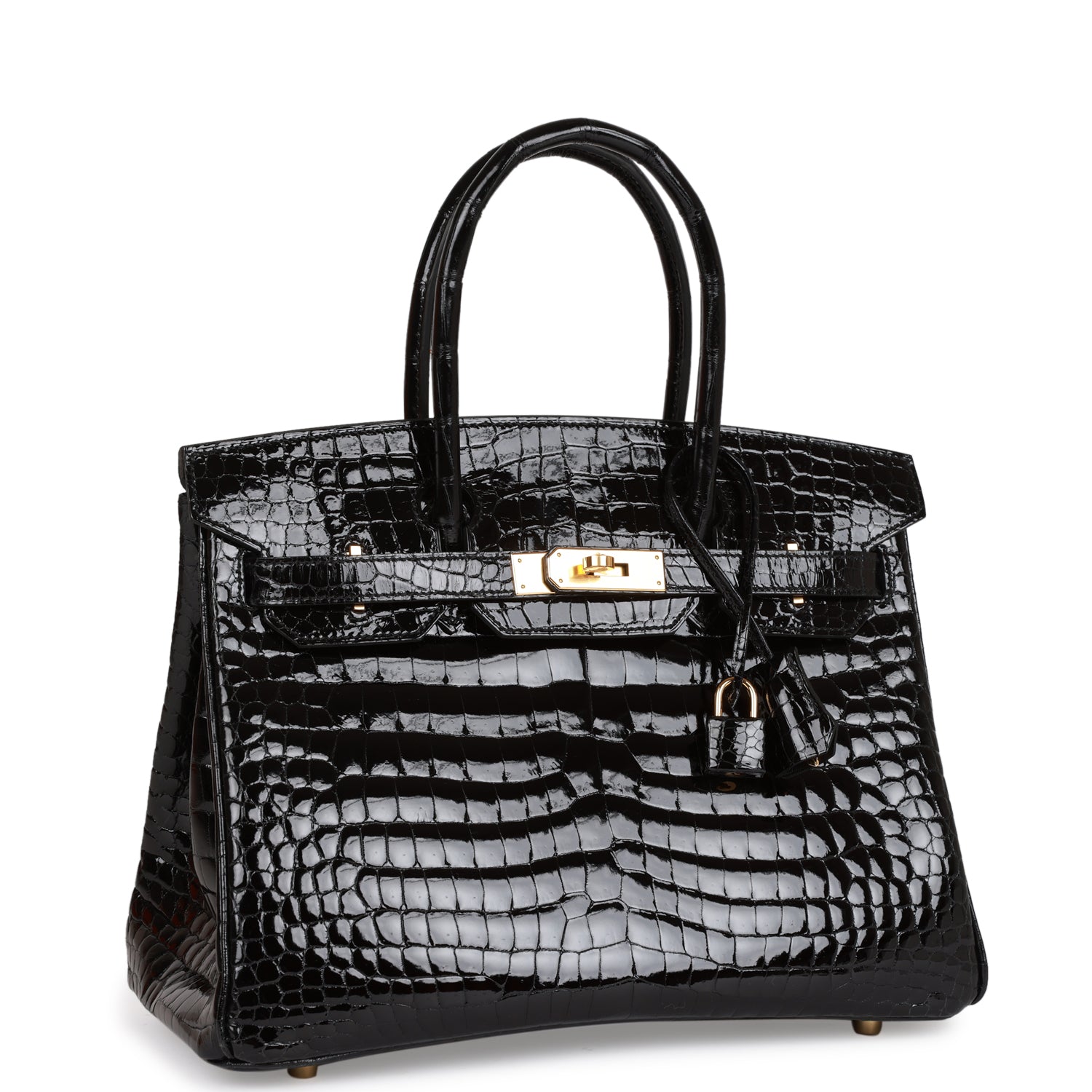 Hermes Birkin Shiny Niloticus Crocodile Hardware Handbag Black Gold Travel Bag