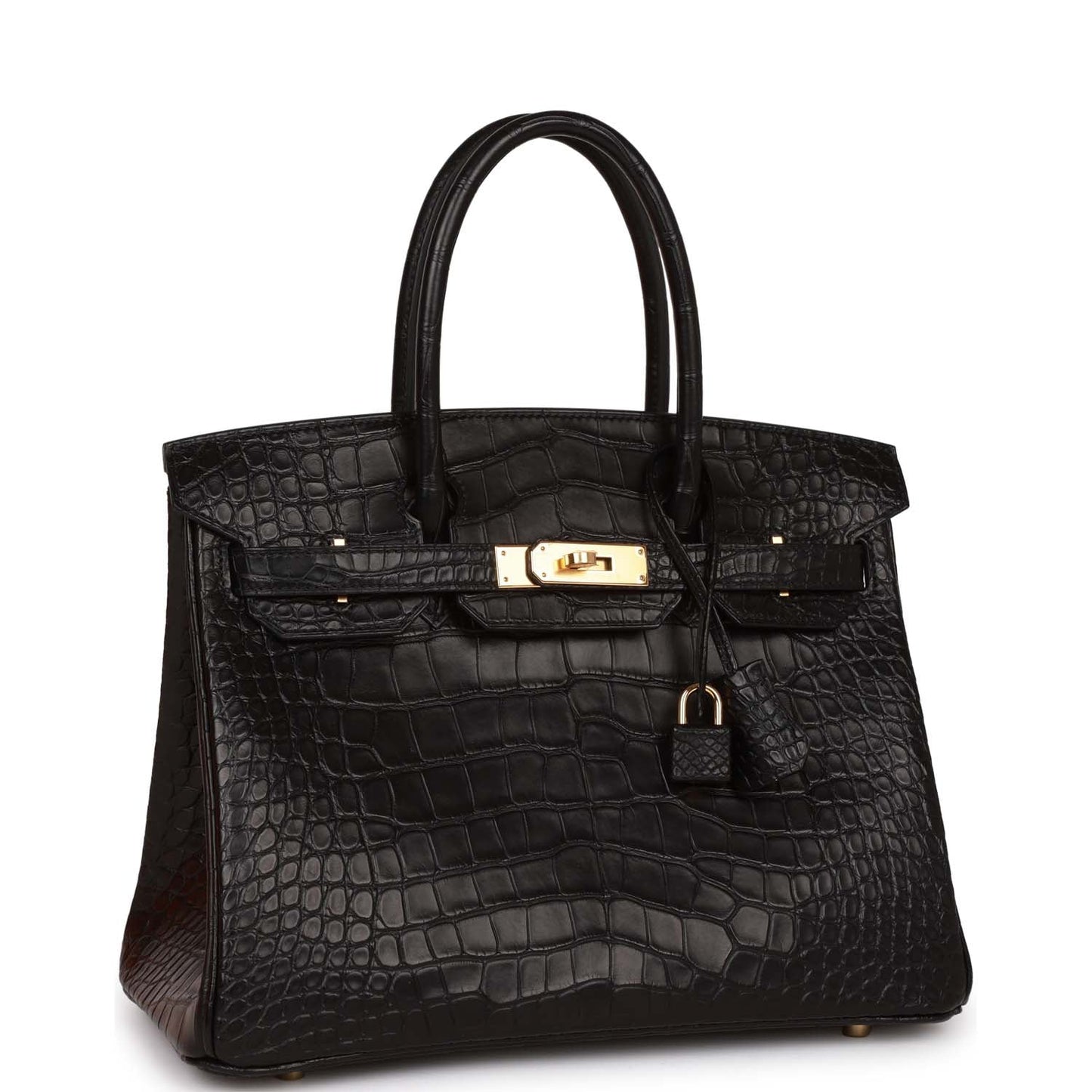 Hermes Birkin Matte Alligator Hardware Handbag Black Gold Travel Bag