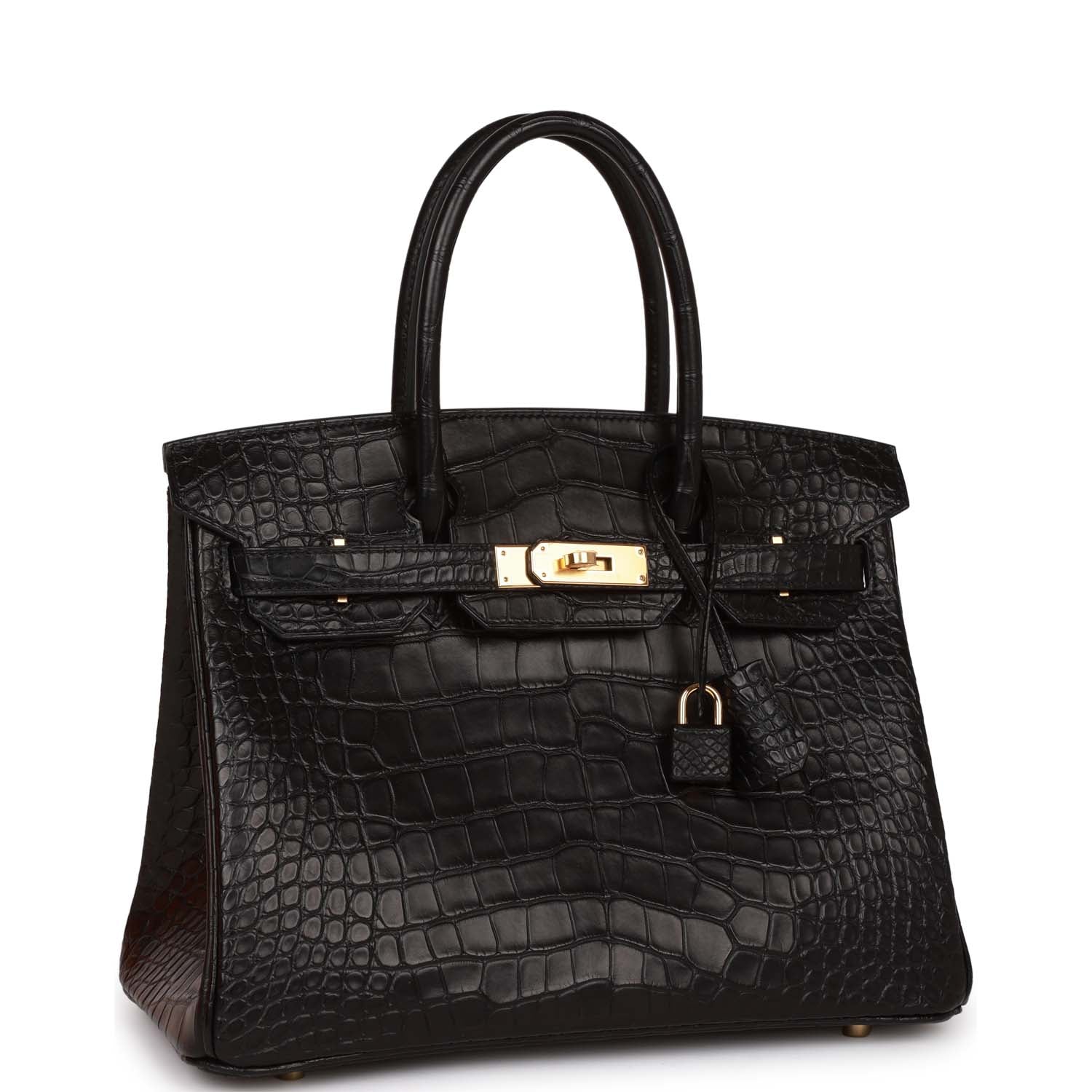 Hermes Birkin Matte Alligator Hardware Handbag Black Gold Travel Bag