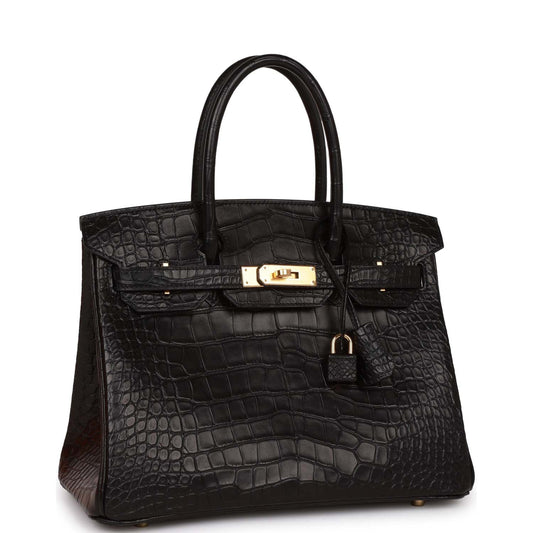 Hermes Birkin Matte Alligator Hardware Handbag Black Gold Travel Bag
