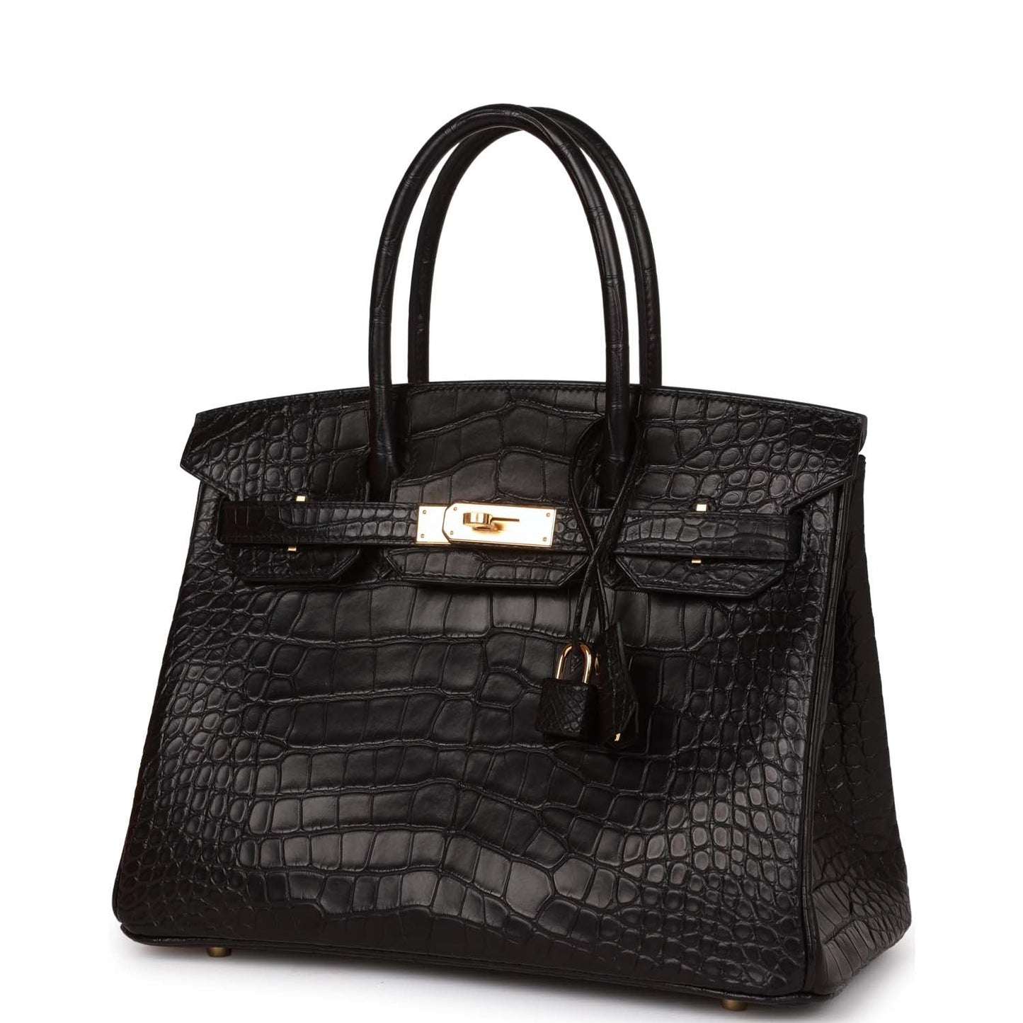 Hermes Birkin Matte Alligator Hardware Handbag Black Gold Travel Bag