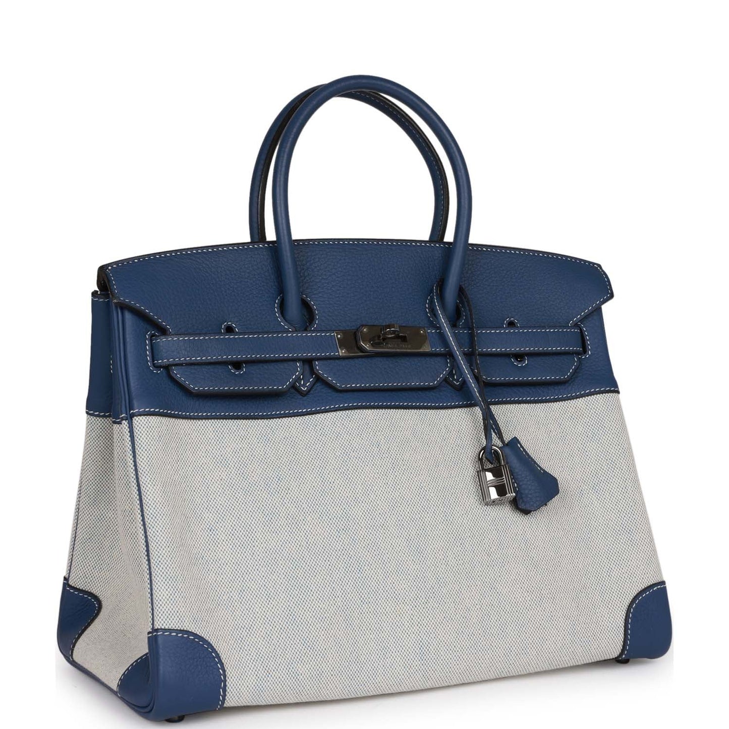 Hermes Birkin Bleu Brighton Clemence And Toile Ruthenium Travel Bag