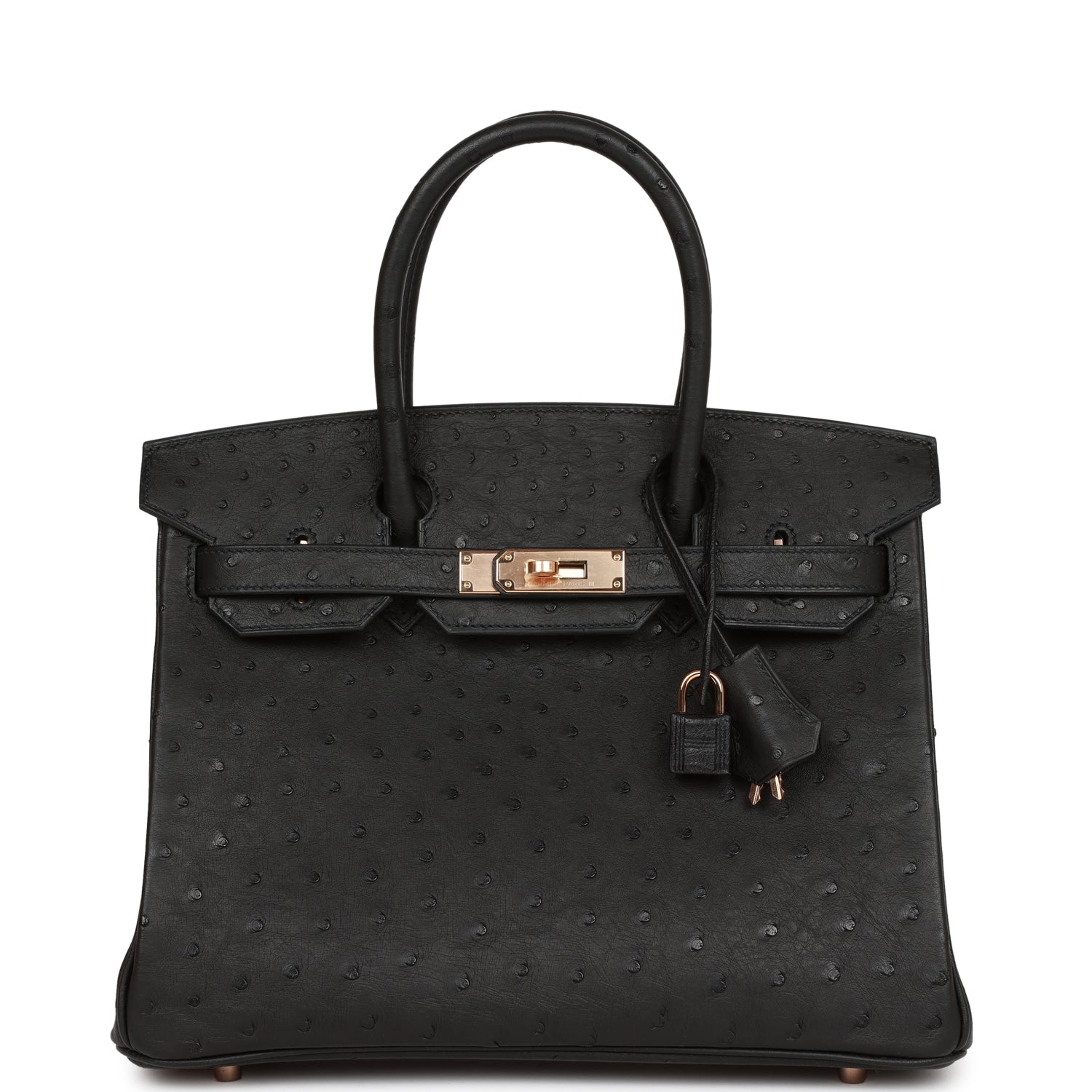 Hermes Birkin Ostrich Rose Hardware Handbag Black Gold Travel Bag