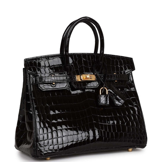 Hermes Birkin Shiny Niloticus Crocodile Hardware Handbag Black Gold Travel Bag