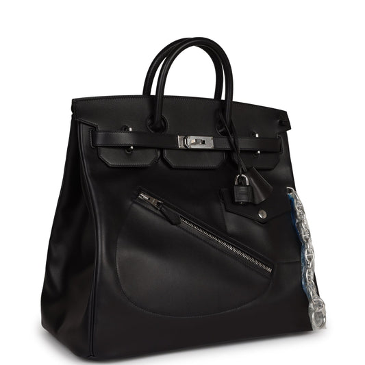 Hermes Luxury Birkin Hac "Rock" Evercolor Palladium Hardware Black Travel Bag