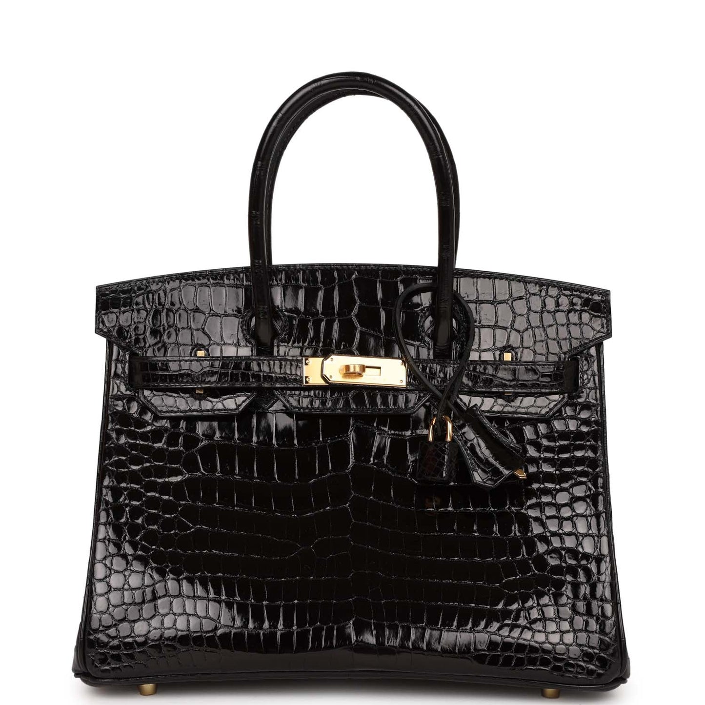 Hermes Birkin Shiny Crocodile Porosus Hardware Handbag Black Gold Travel Bag