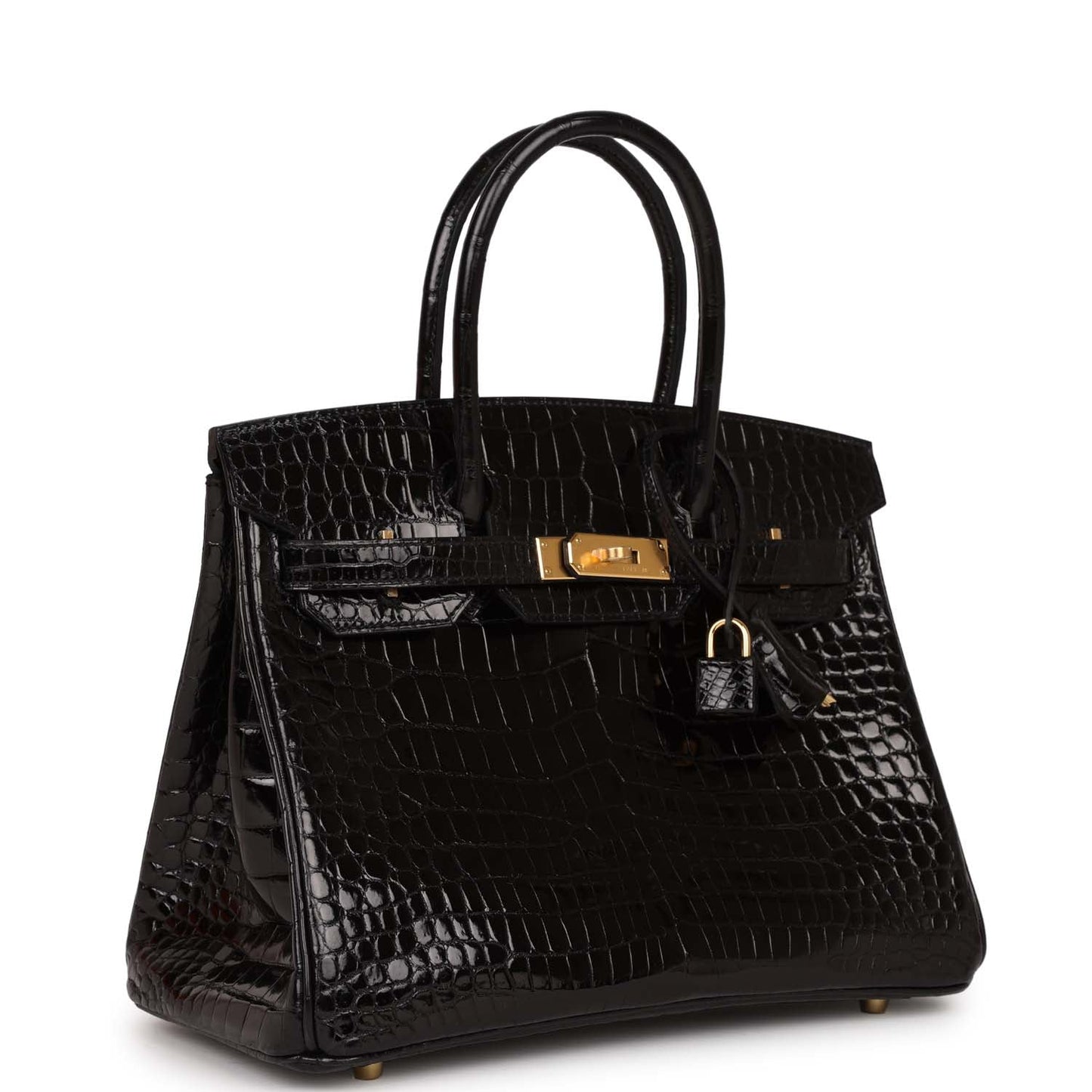 Hermes Birkin Shiny Crocodile Porosus Hardware Handbag Black Gold Travel Bag