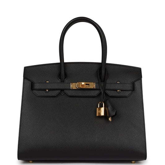 Hermes Birkin Sellier Epsom Hardware Handbag Black Gold Travel Bag