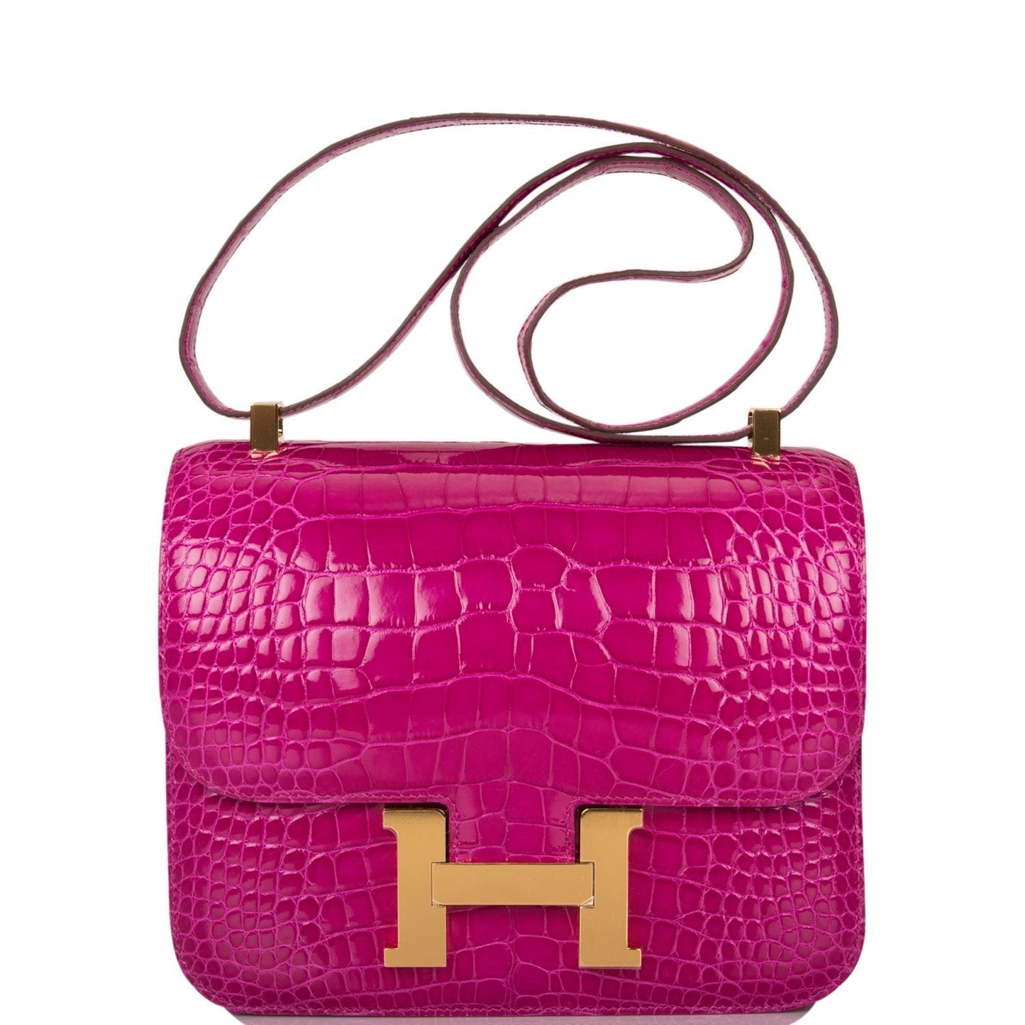 Hermes Constance Rose Scheherazade Shiny Alligator Hardware Handbag Gold Travel Bag