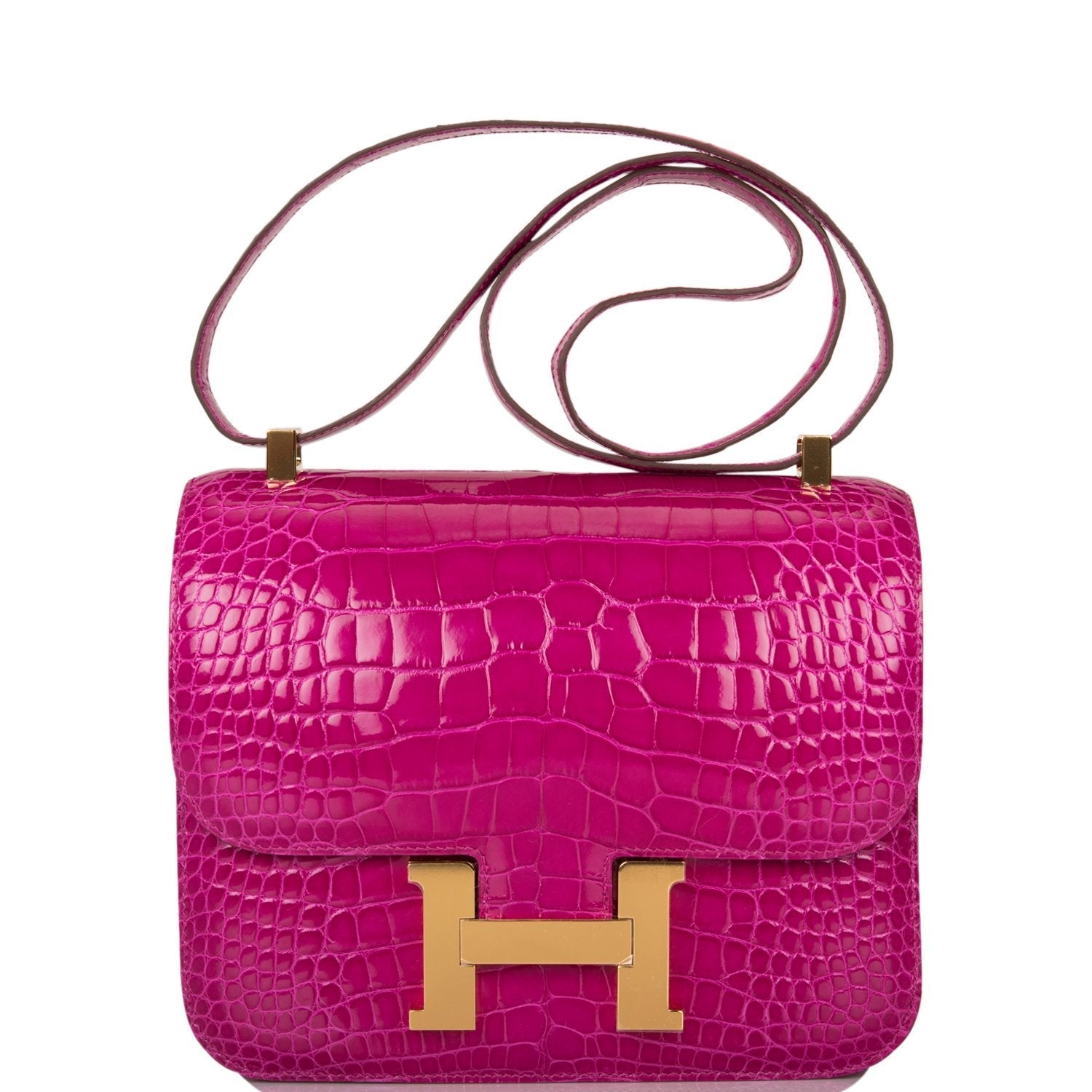 Hermes Constance Rose Scheherazade Shiny Alligator Hardware Handbag Gold Travel Bag