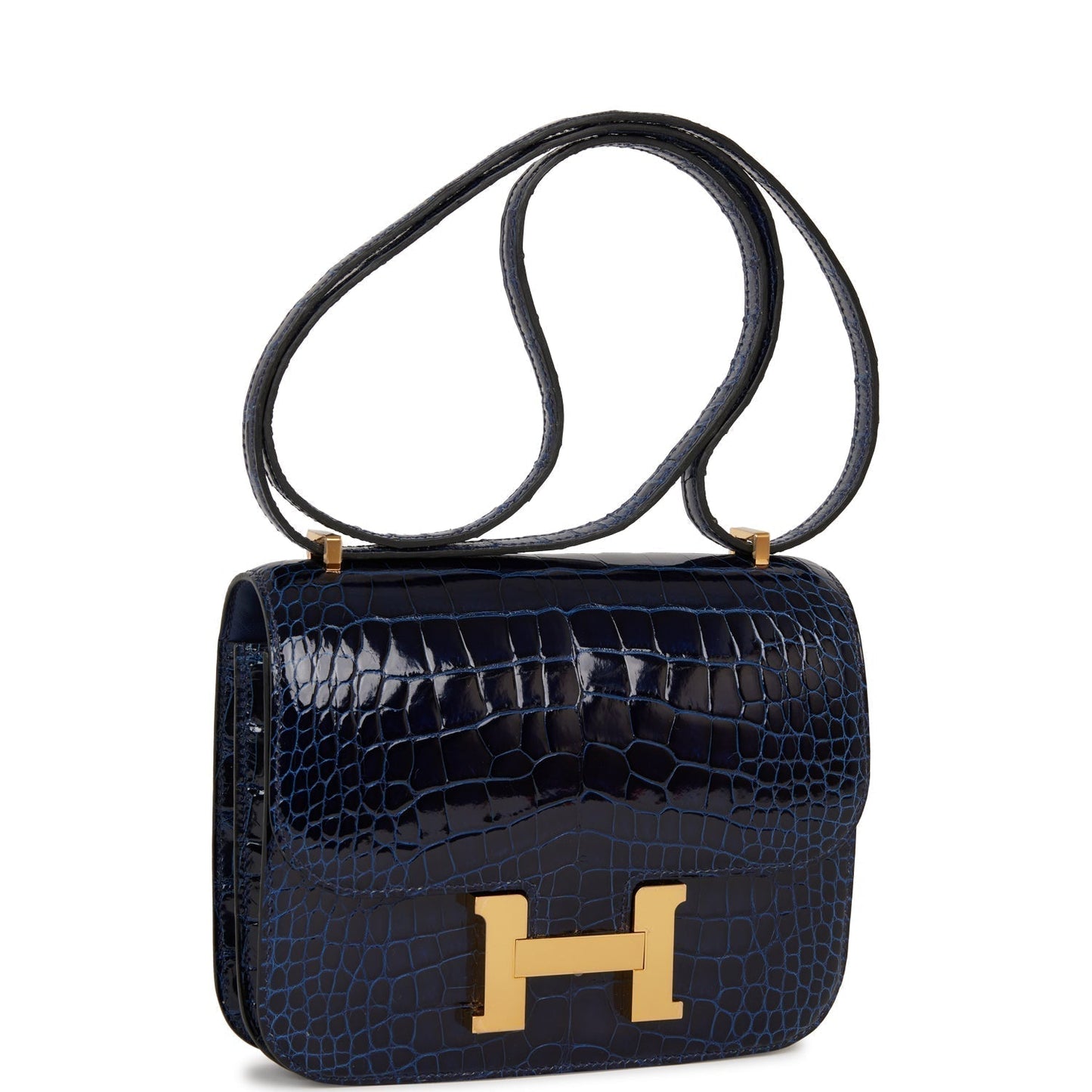 Hermes Constance Bleu Saphir Shiny Alligator Hardware Handbag Gold Travel Bag
