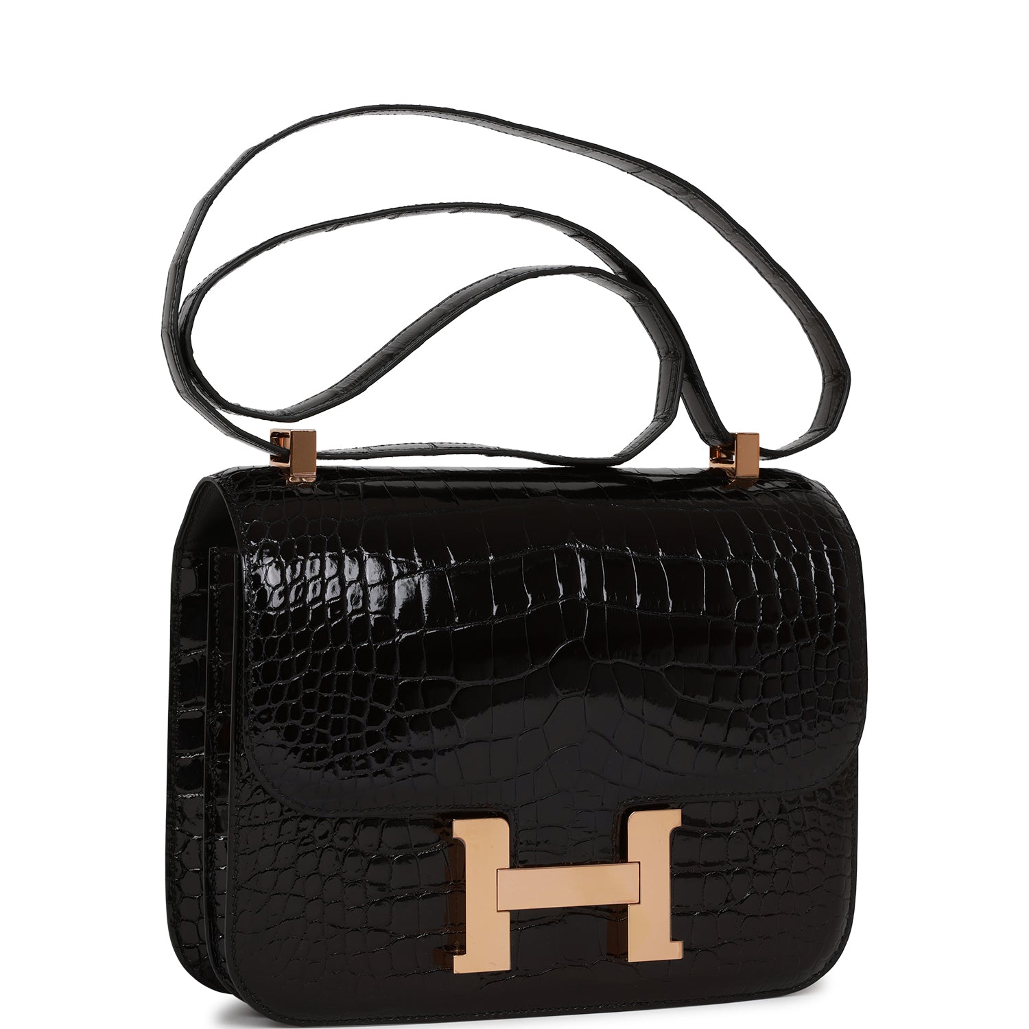 Hermes Constance Shiny Alligator Rose Hardware Handbag Black Gold Travel Bag