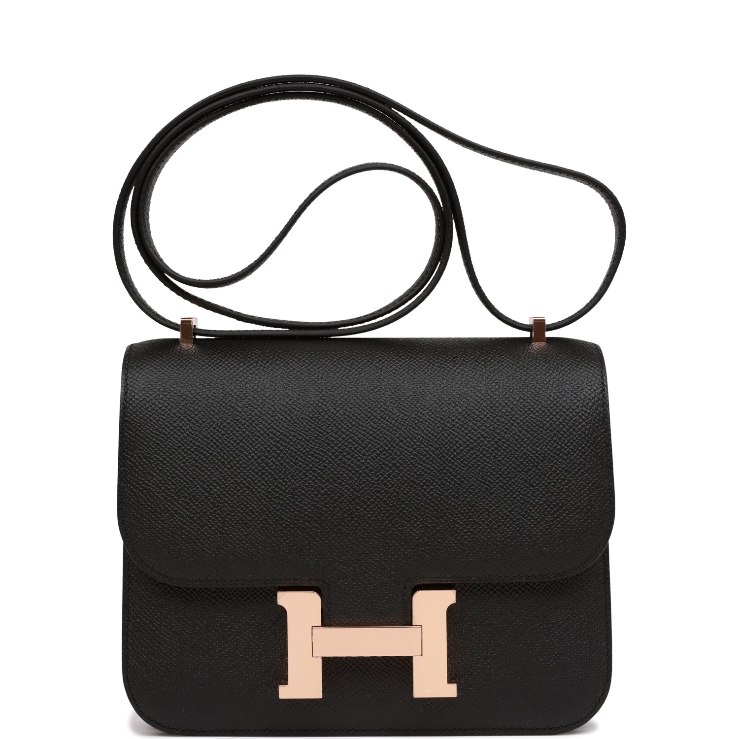 Hermes Constance Epsom Rose Hardware Handbag Black Gold Travel Bag